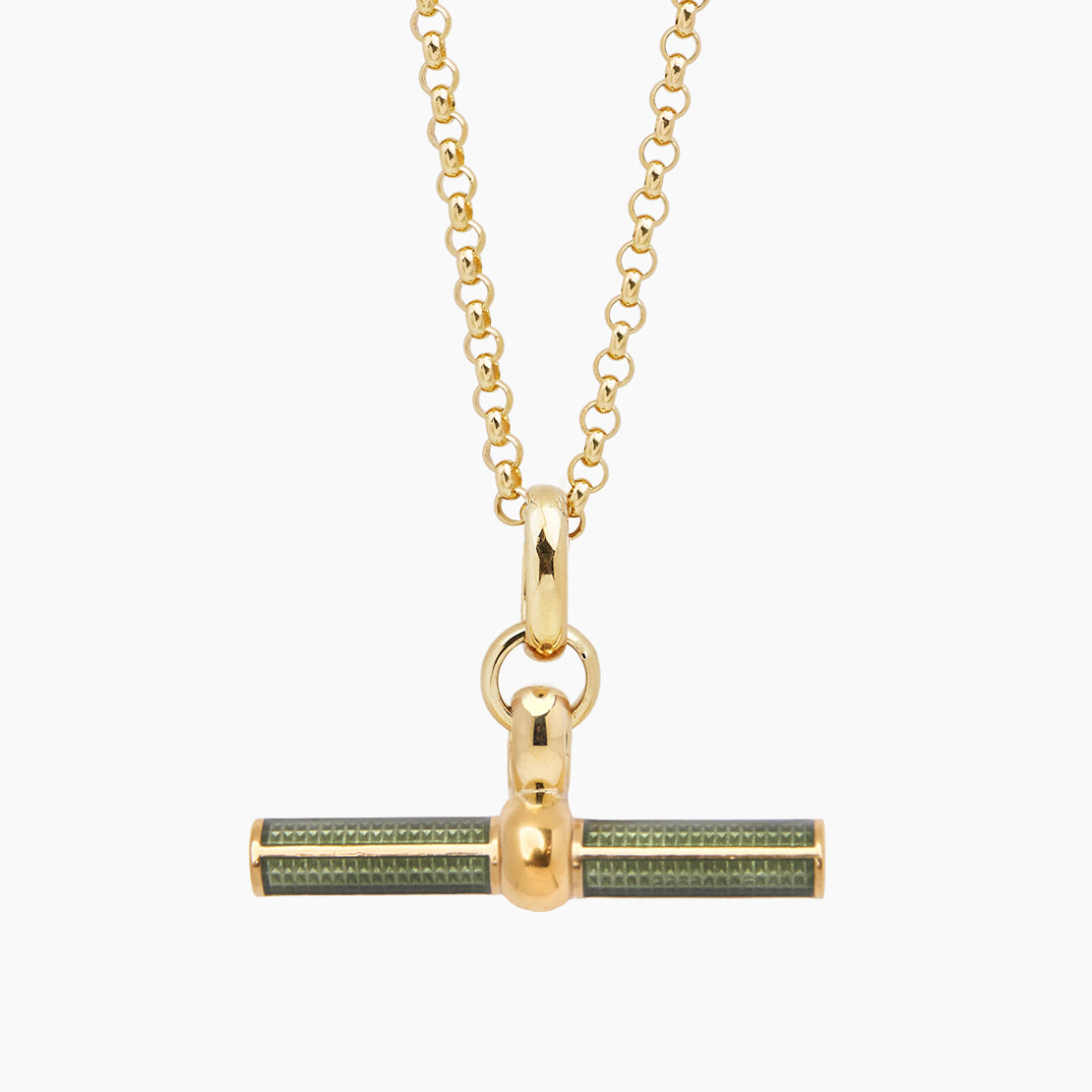 Gold chain necklace with large T-bar pendant and olive enamel