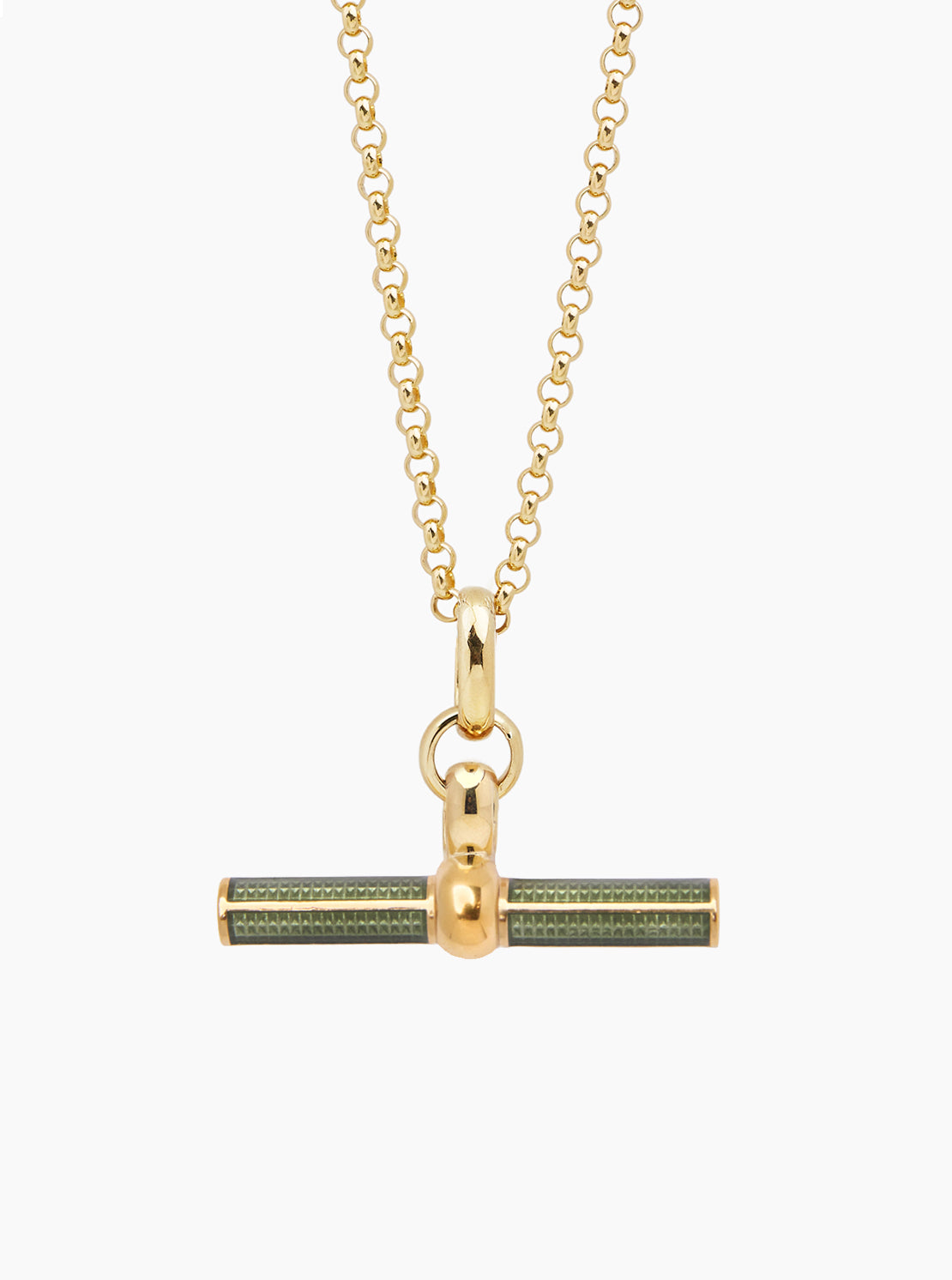 Gold chain necklace with large T-bar pendant and olive enamel