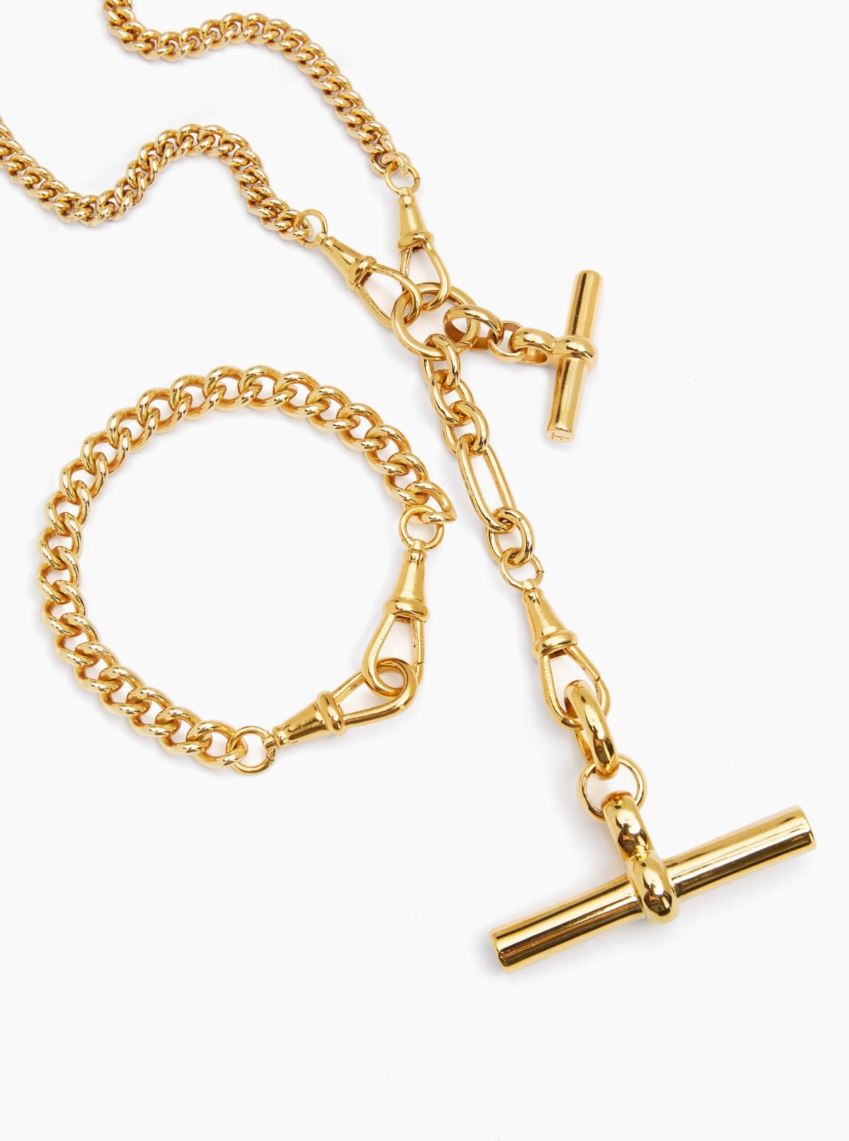 Gold-tone chain necklace and bracelet set with T-bar clasps