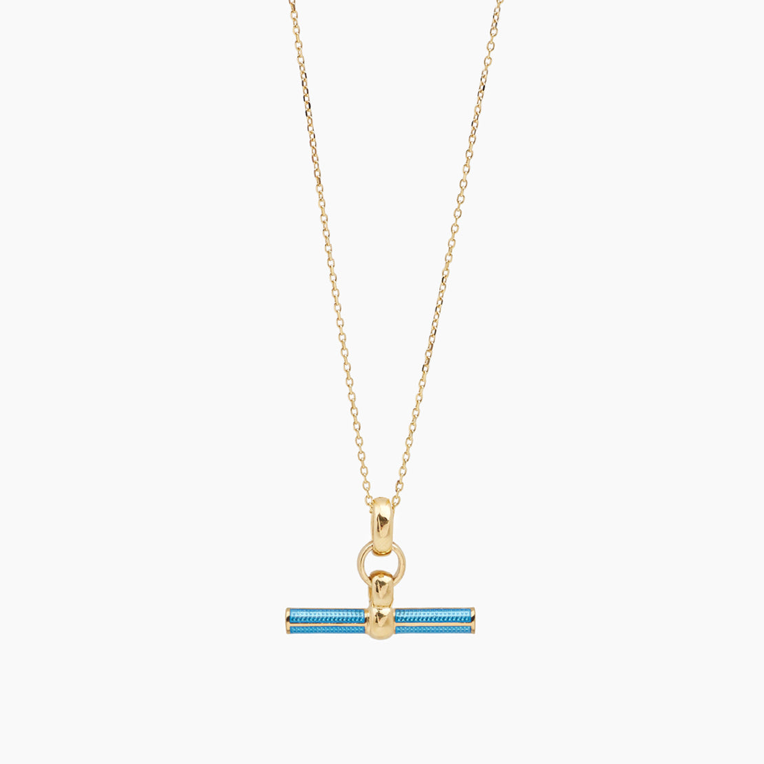 Aquamarine Enamelled Small Gold T-bar on Trace Chain
