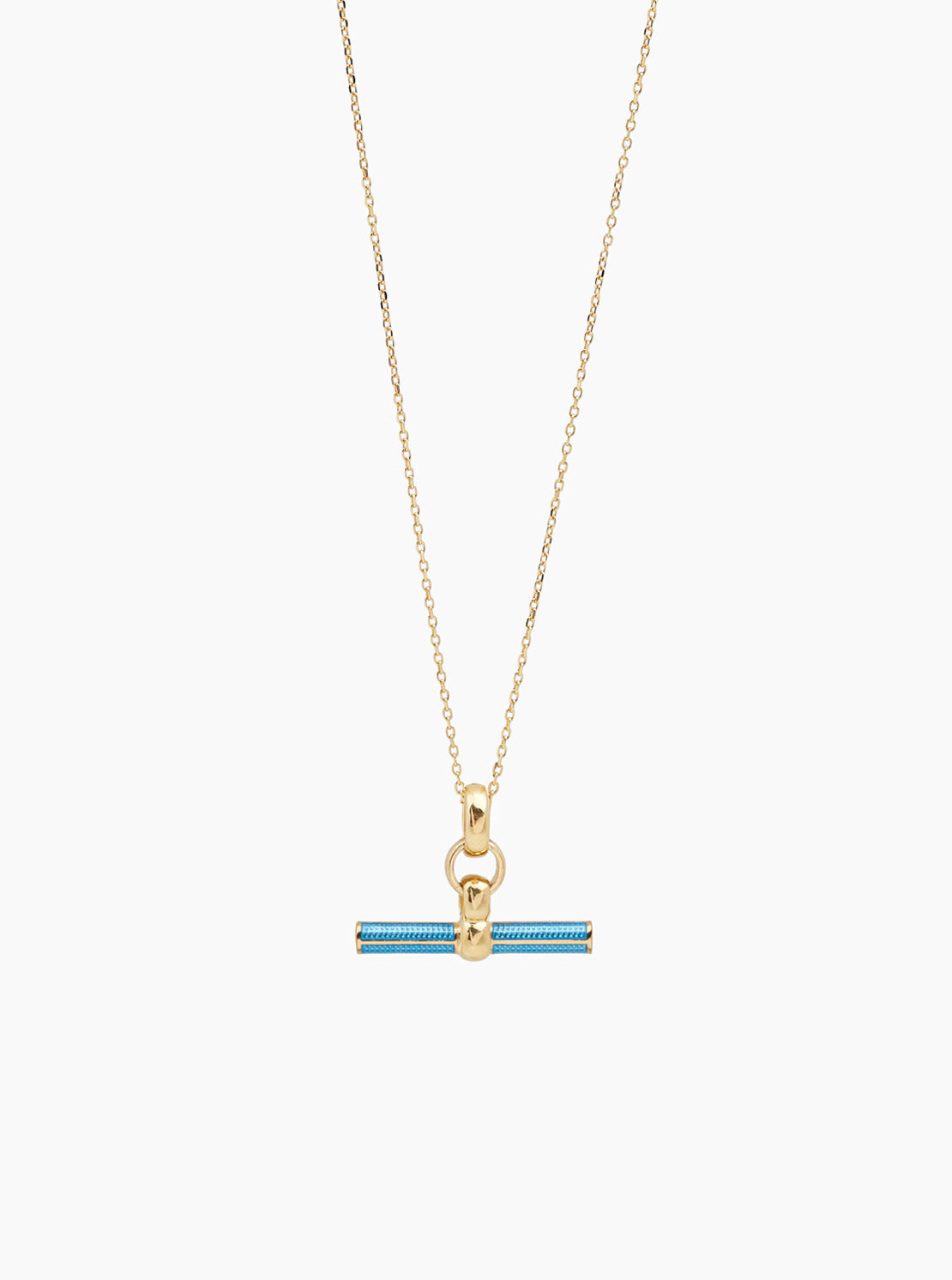 Aquamarine Enamelled Small Gold T-bar on Trace Chain