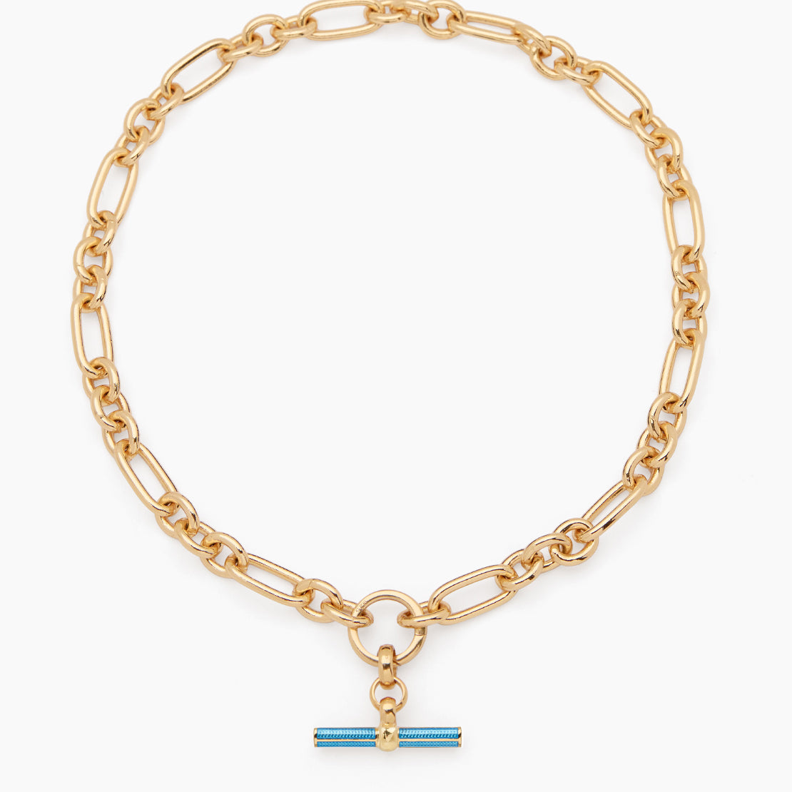 Aquamarine Enamelled Small Gold T-bar on Clipt Watch Chain Necklace
