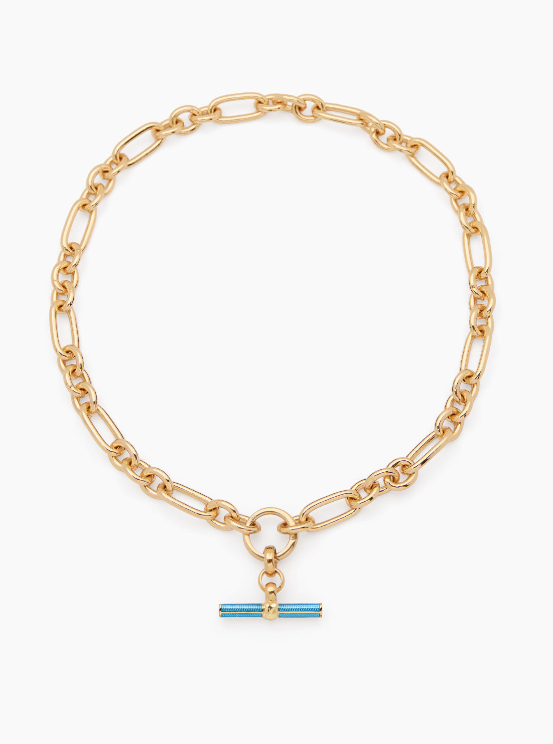 Aquamarine Enamelled Small Gold T-bar on Clipt Watch Chain Necklace