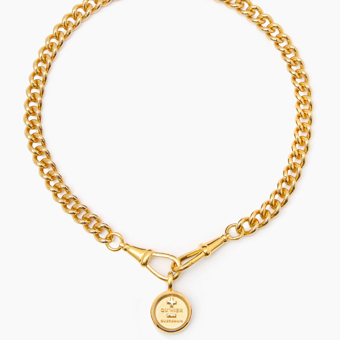 Large Gold Que Demain Disc on Large Curb Clipt Necklace