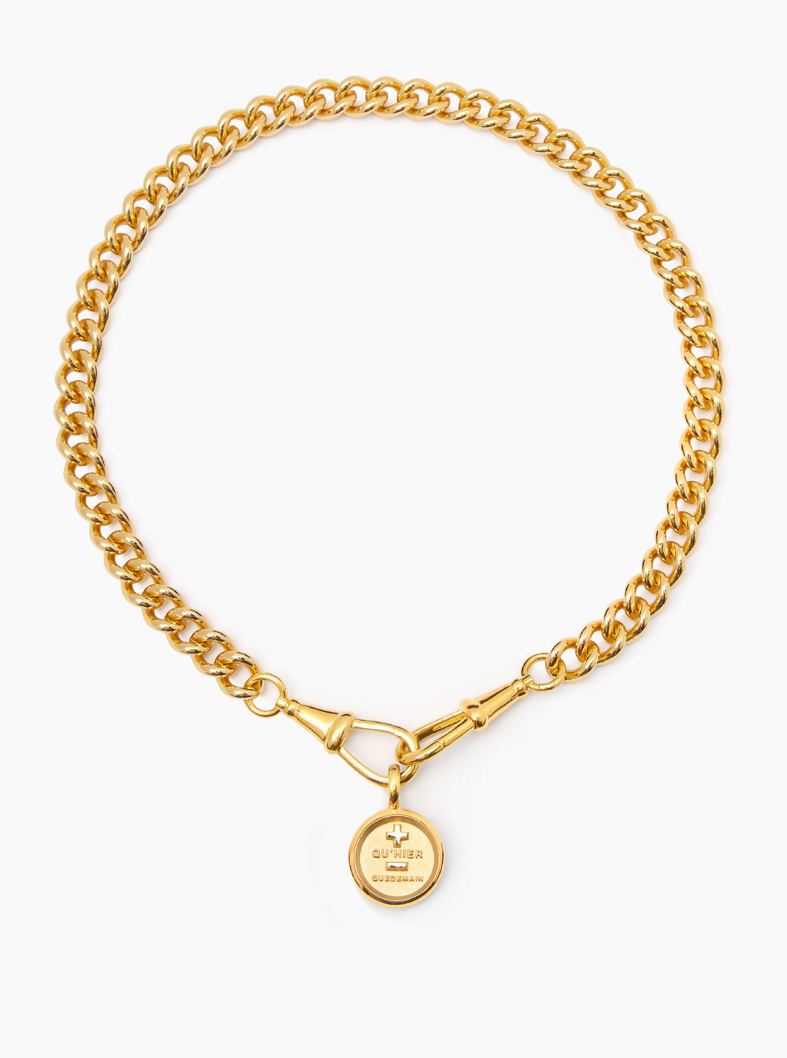 Large Gold Que Demain Disc on Large Curb Clipt Necklace