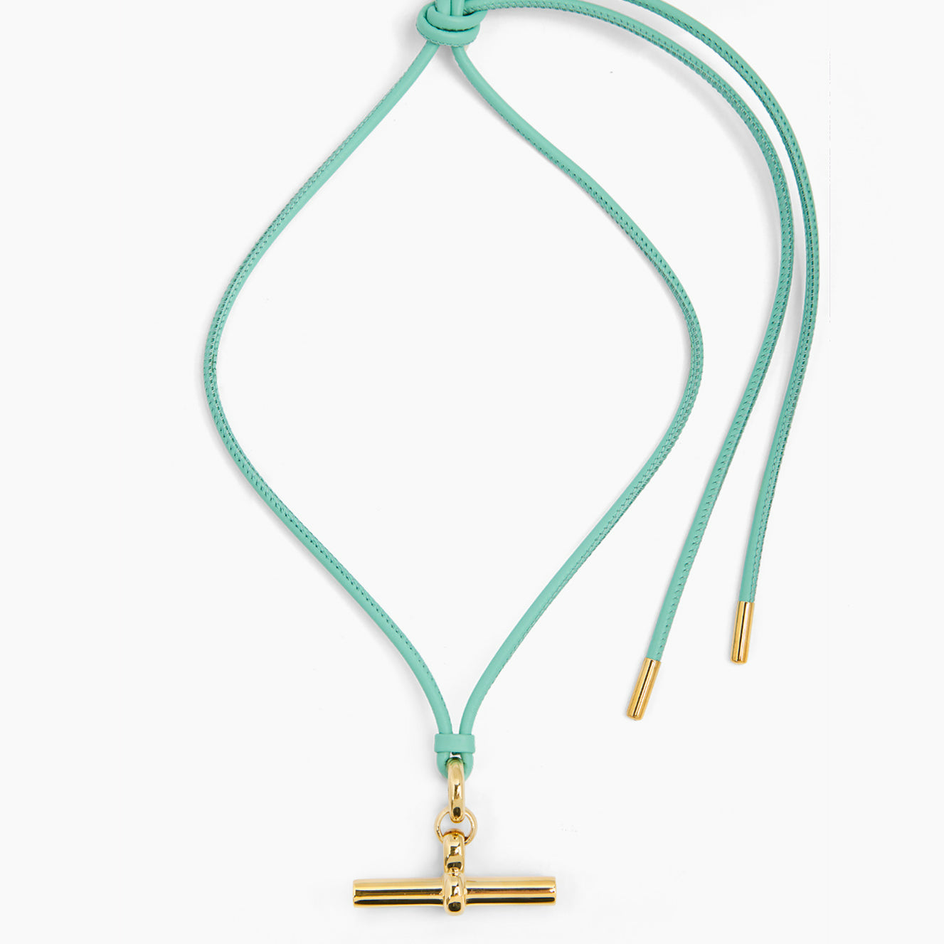 Medium Gold T-Bar on Aquamarine Leather Necklace