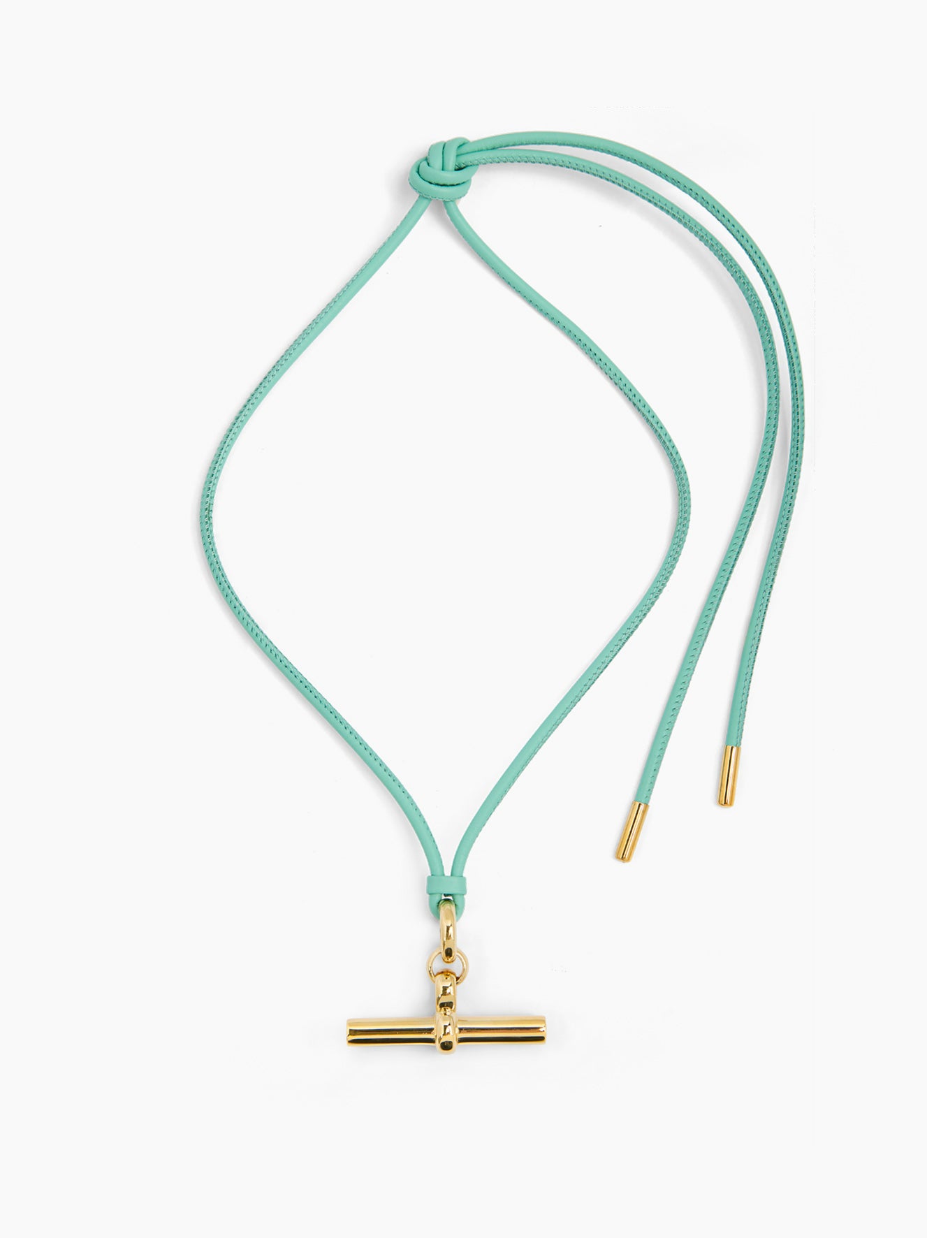 Aquamarine leather necklace with medium gold T-bar pendant