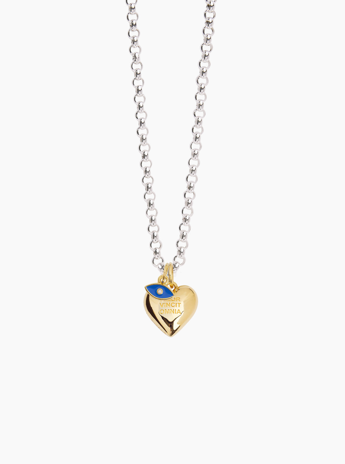 Double silver chain necklace with gold heart pendant and blue eye detail