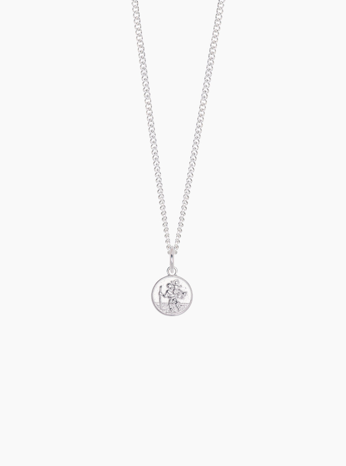 Sterling silver St Christopher pendant on fine curb chain, circular medallion