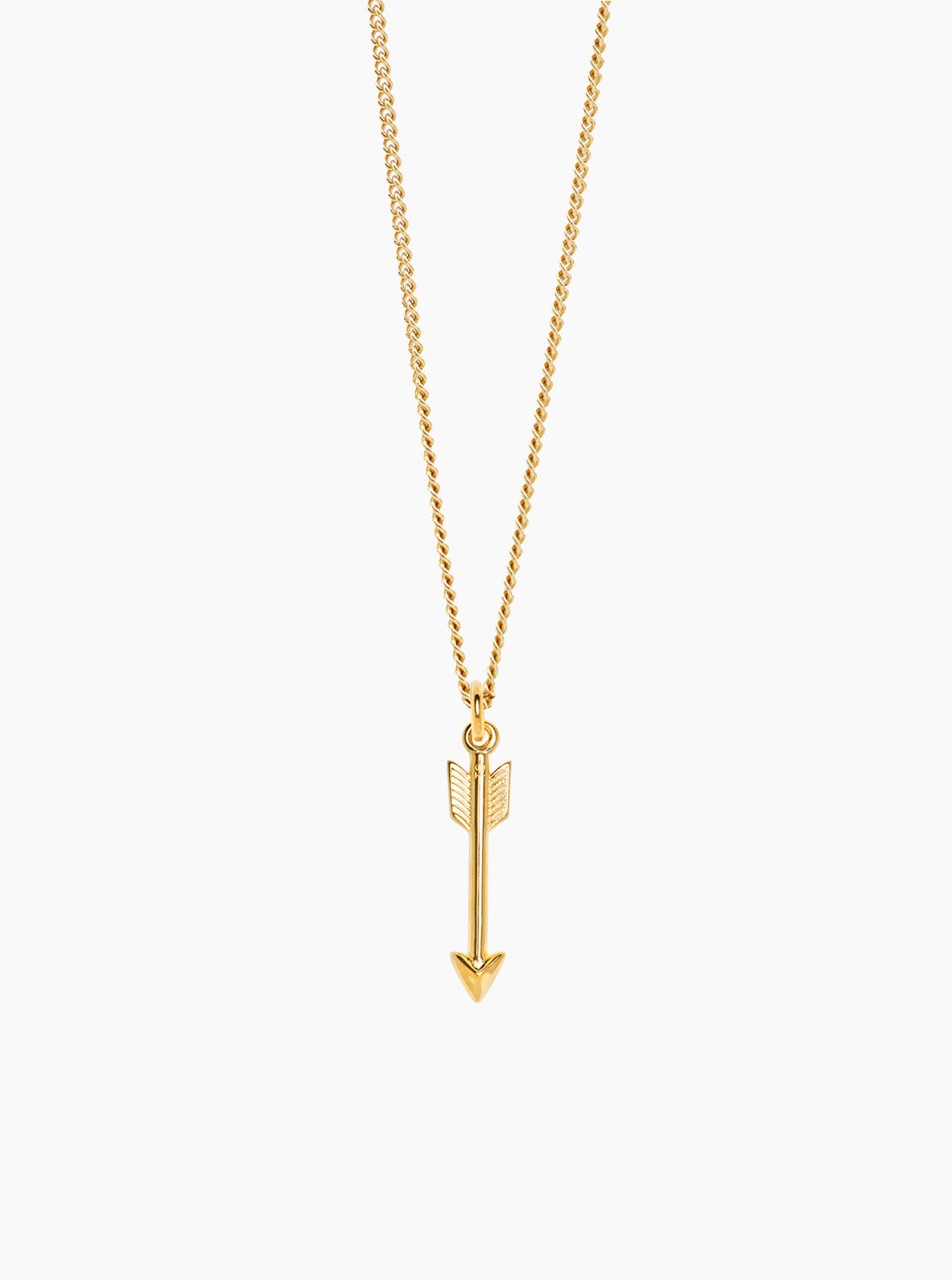 Gold arrow pendant necklace with fine curb chain, vertical arrow drop charm