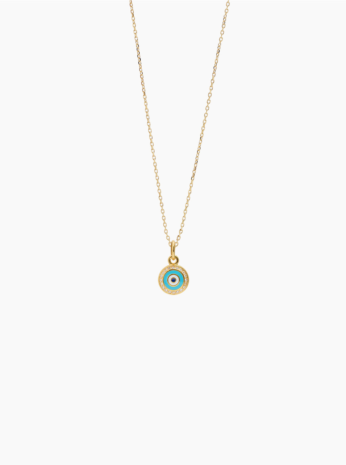 Gold evil eye disc pendant on fine trace chain, blue and gold enamel detail
