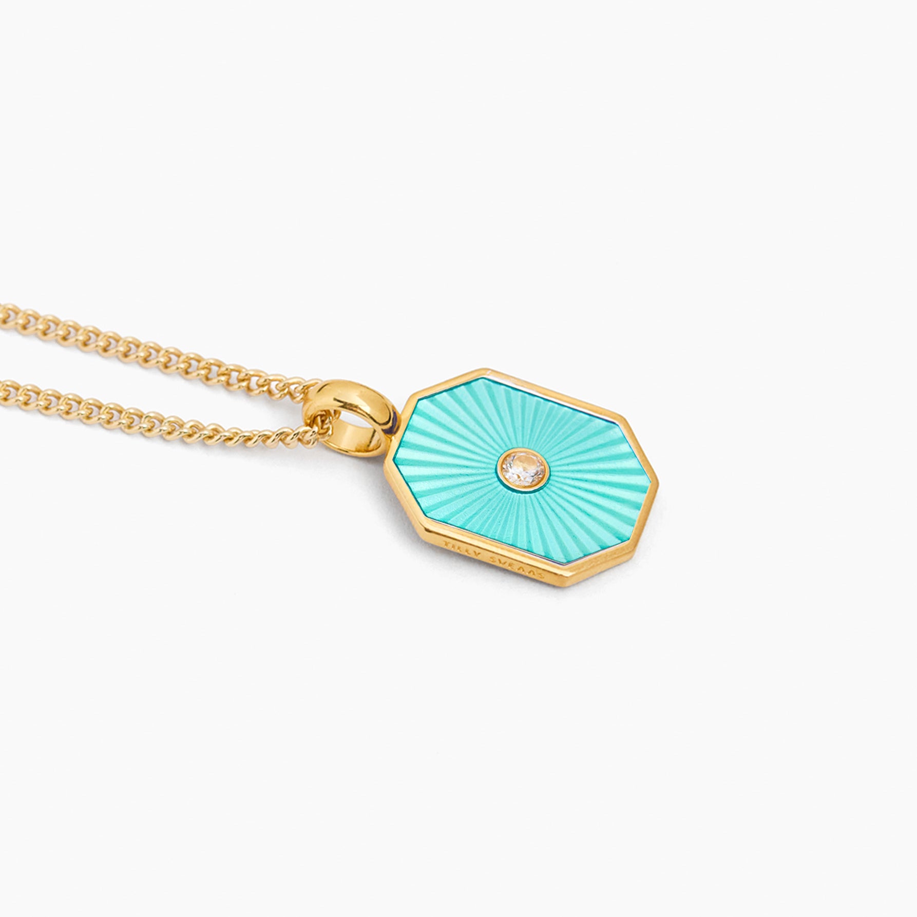 Turquoise octagon pendant necklace on fine curb chain with round center gem