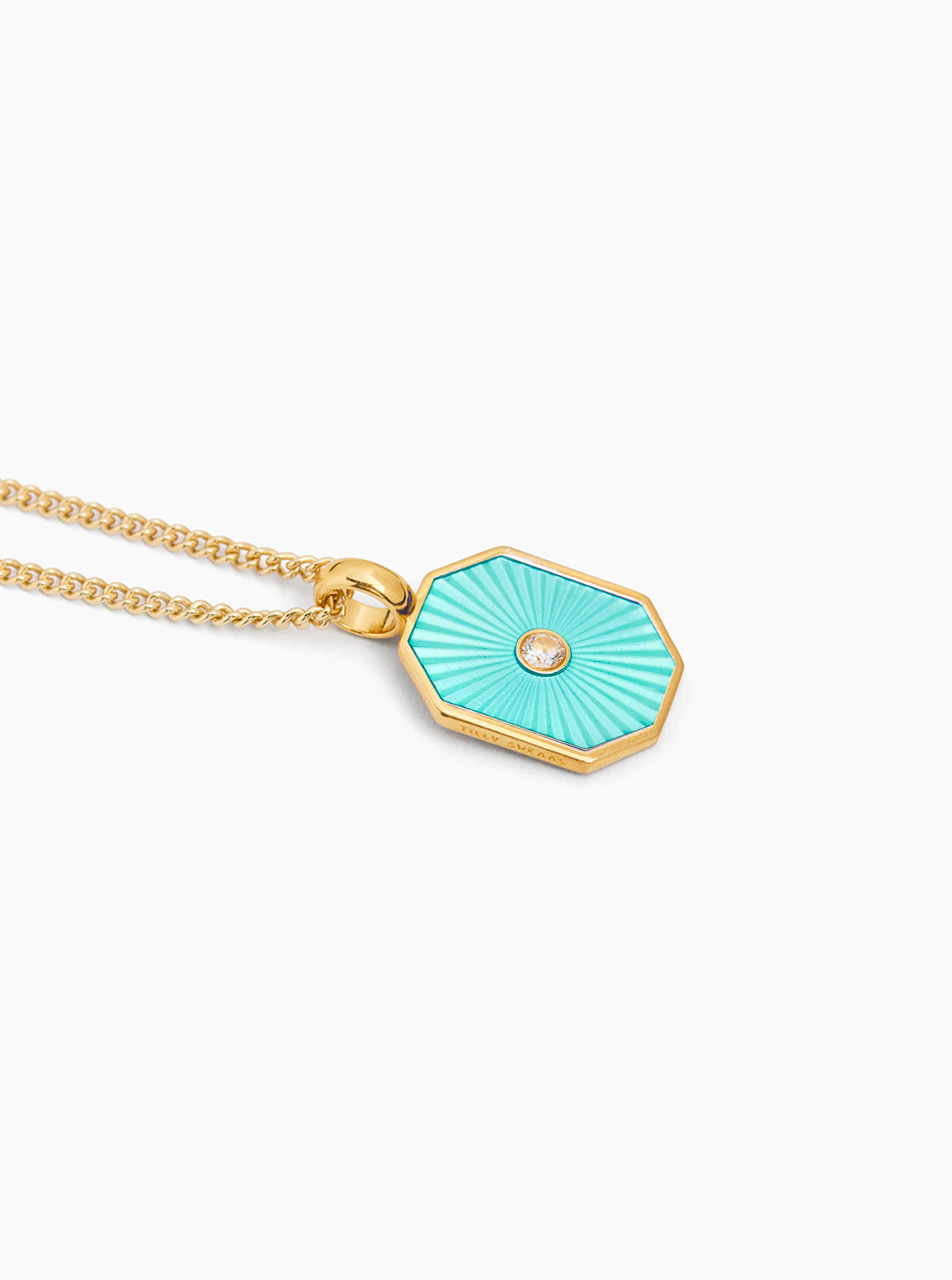 Turquoise octagon pendant necklace on fine curb chain with round center gem