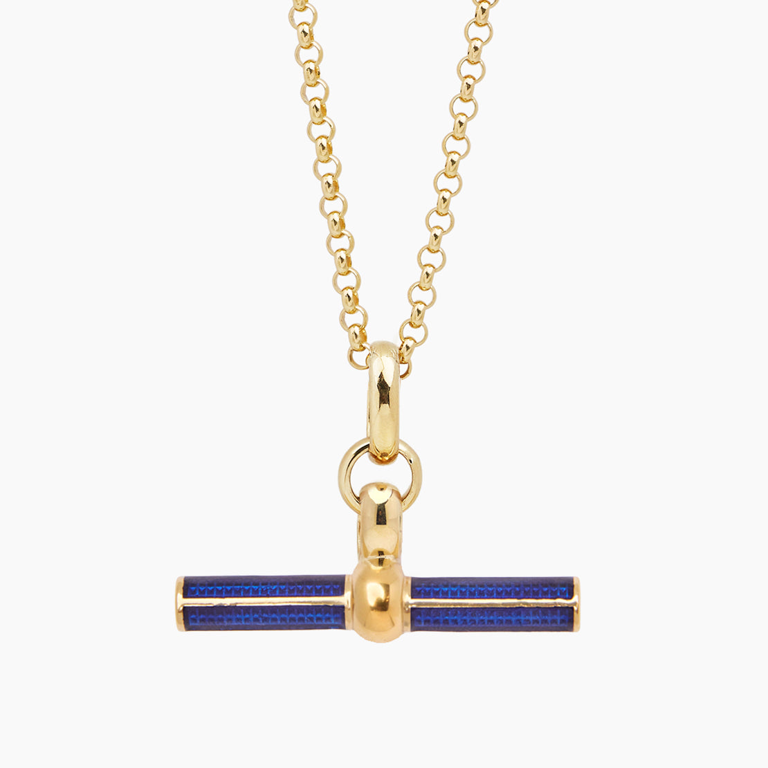 Gold chain necklace with navy enamel T-bar pendant and chunky Belcher links