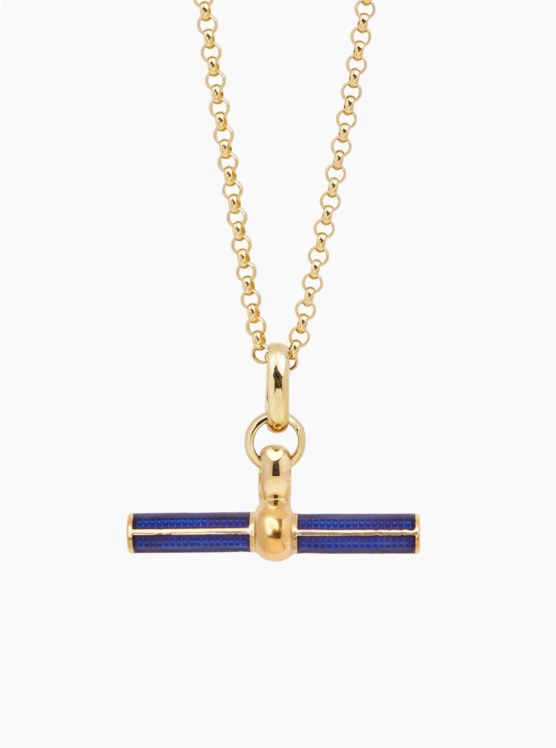 Gold chain necklace with navy enamel T-bar pendant and chunky Belcher links