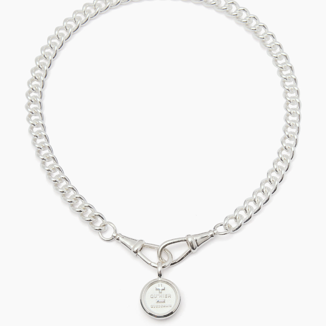 Large Silver Que Demain Disc on Large Curb Clipt Necklace