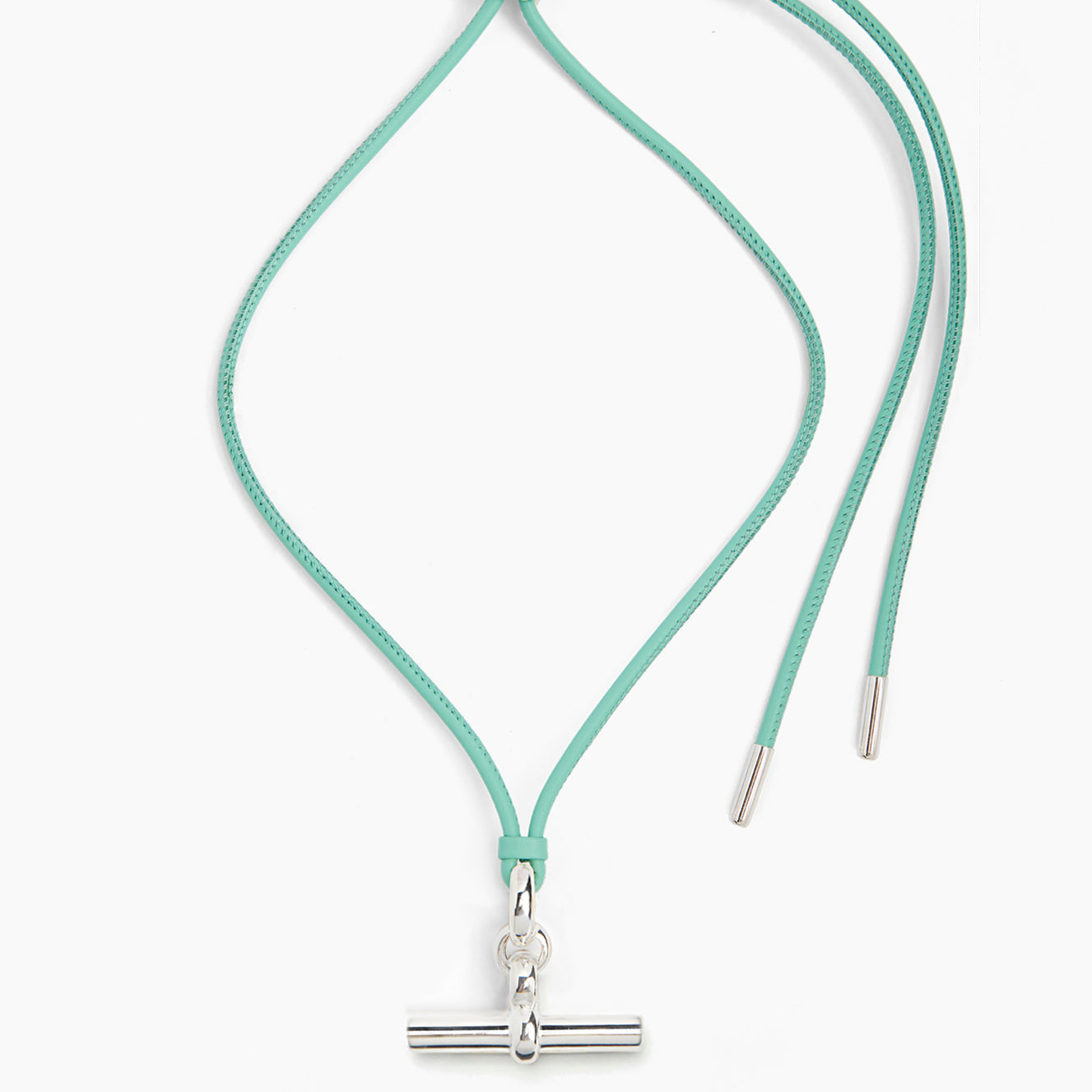Medium Silver T-Bar on Aquamarine Leather Necklace