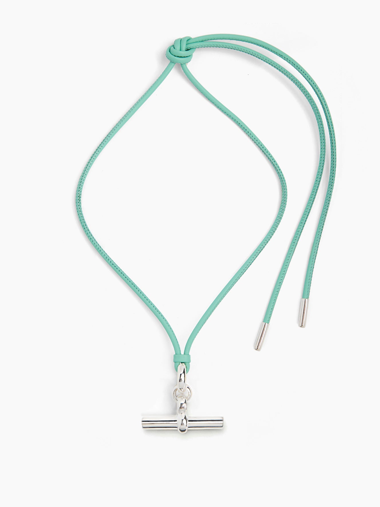 Aquamarine leather necklace with medium silver T-bar pendant and tied loops