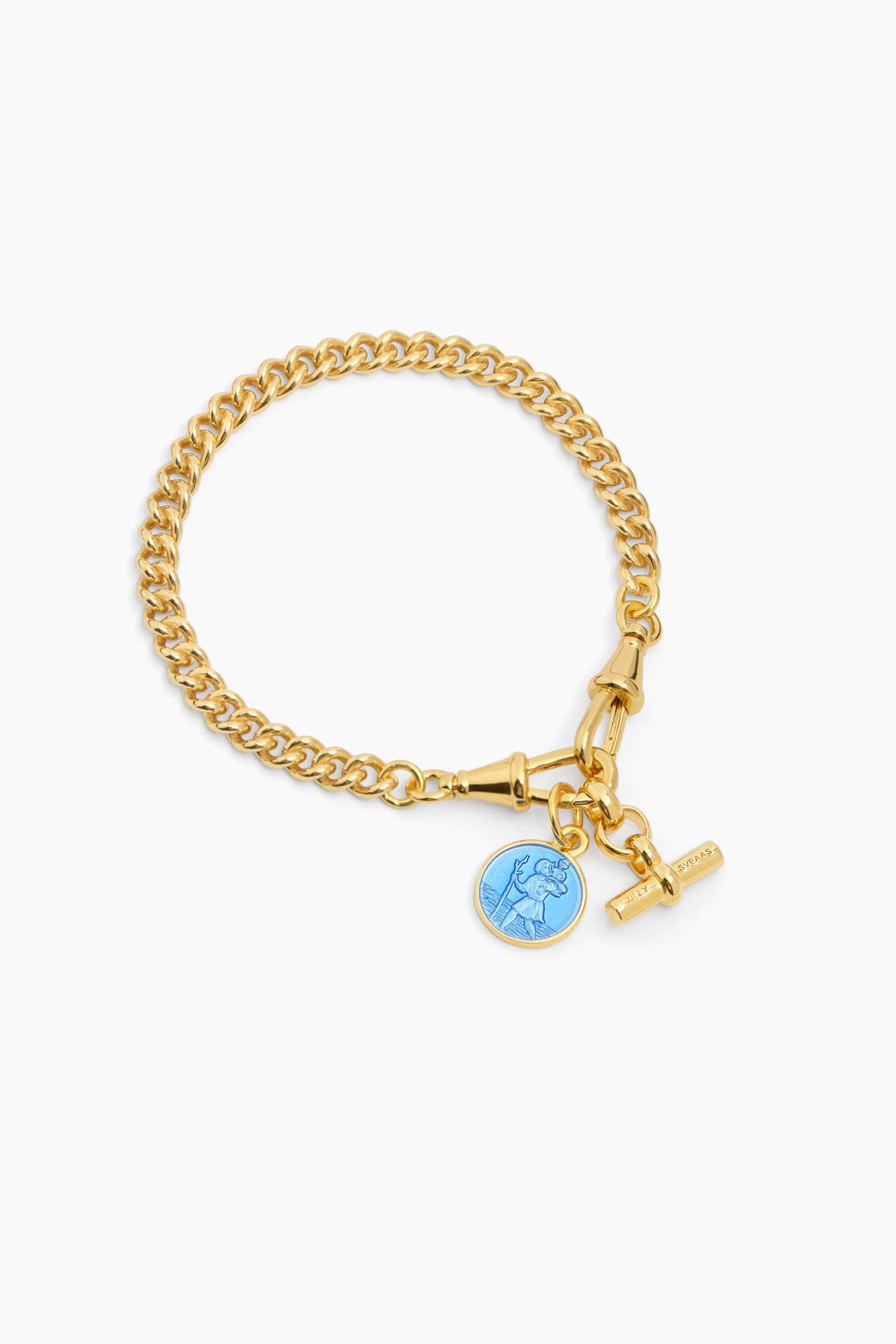 Gold chain bracelet with blue globe charm and small key charm