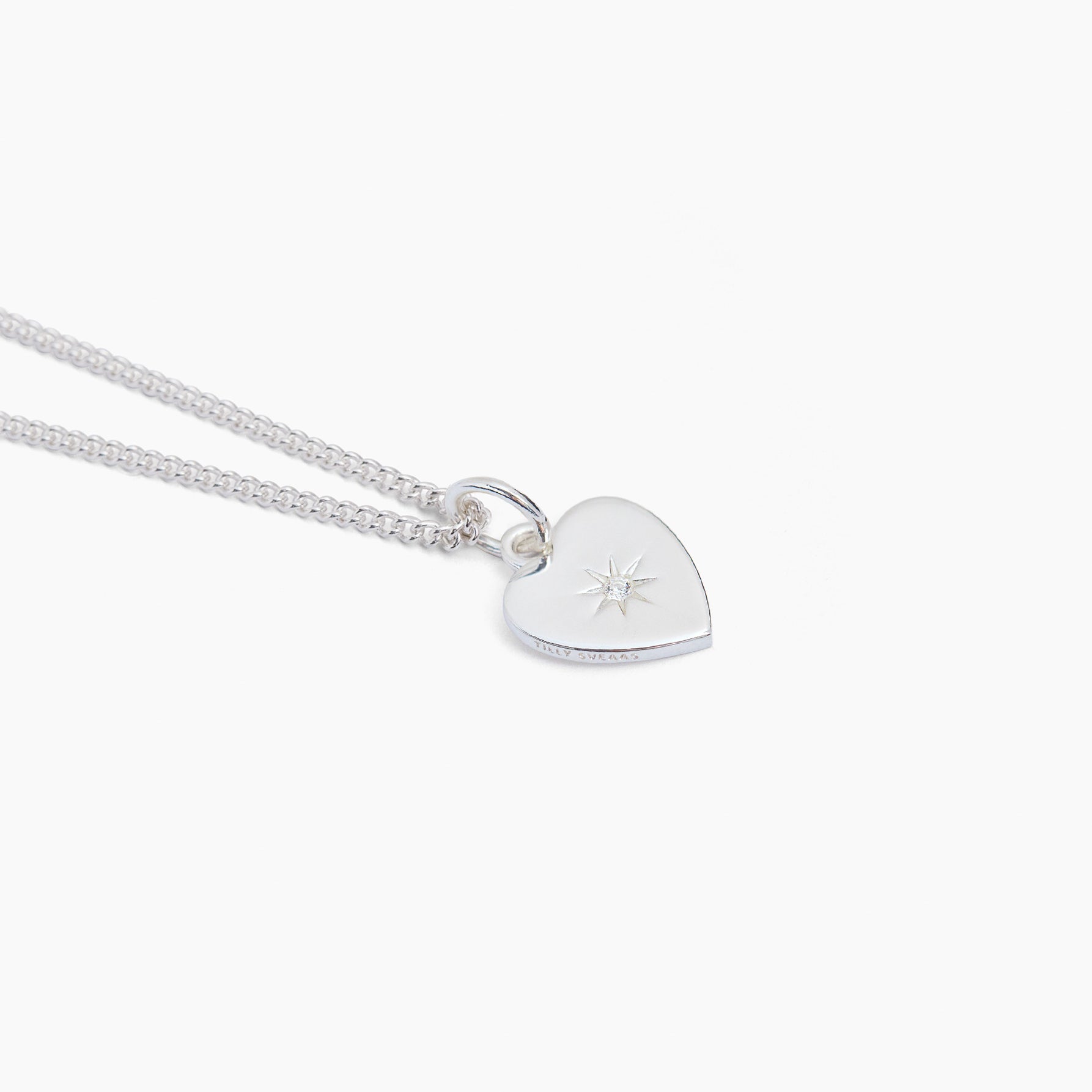 Silver heart padlock pendant necklace on fine curb chain with star engraving