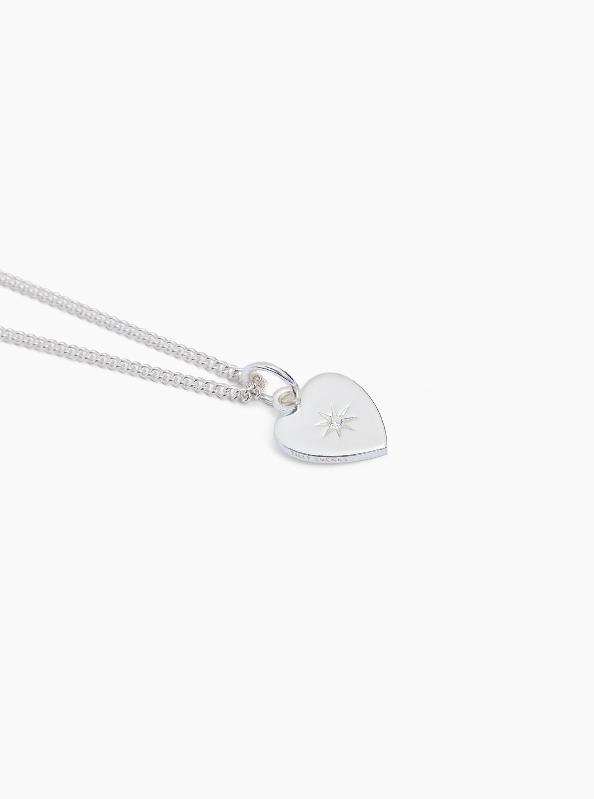 Silver heart padlock pendant necklace on fine curb chain with star engraving