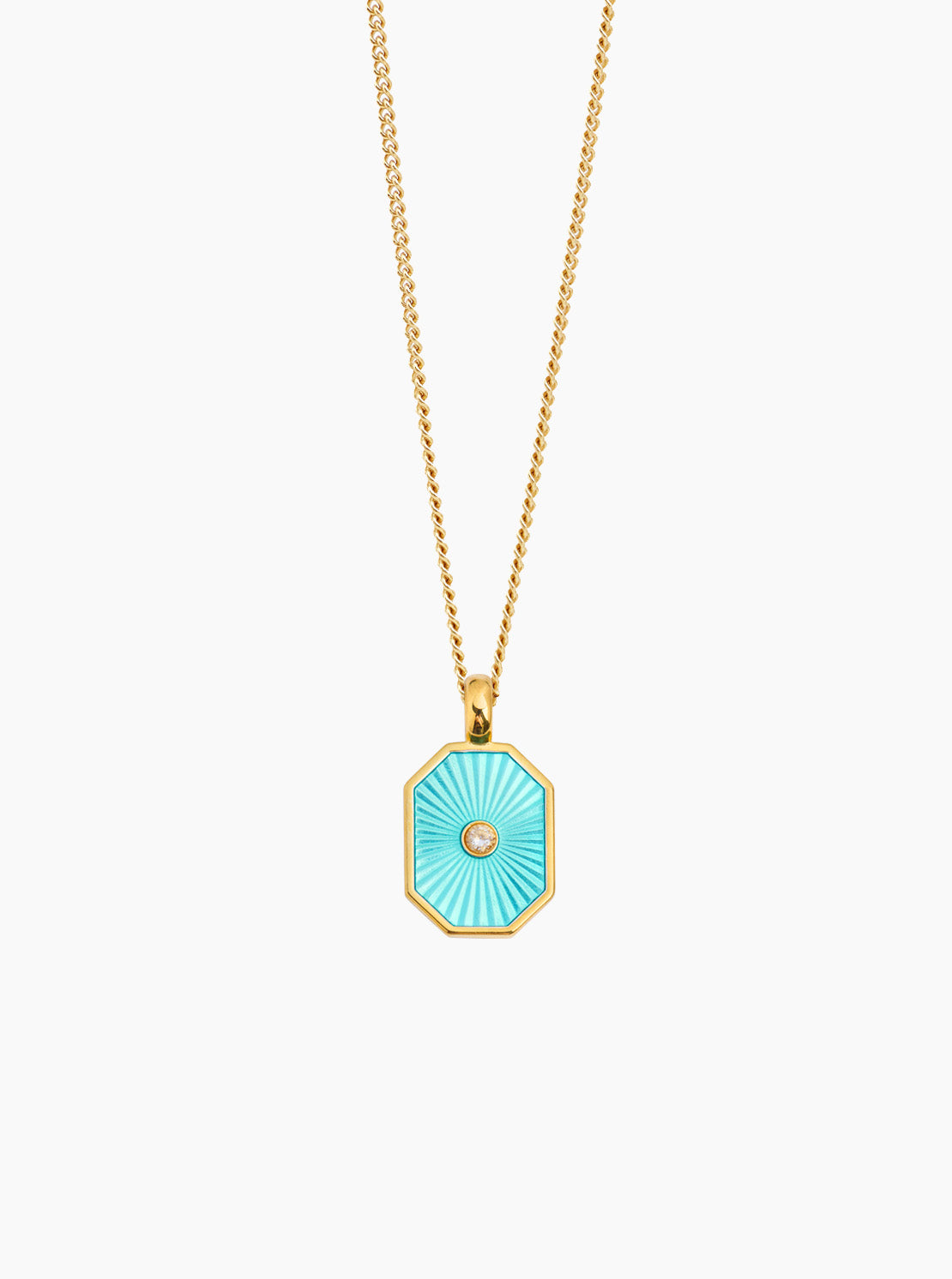 Turquoise octagon pendant necklace with round center gem, fine curb chain