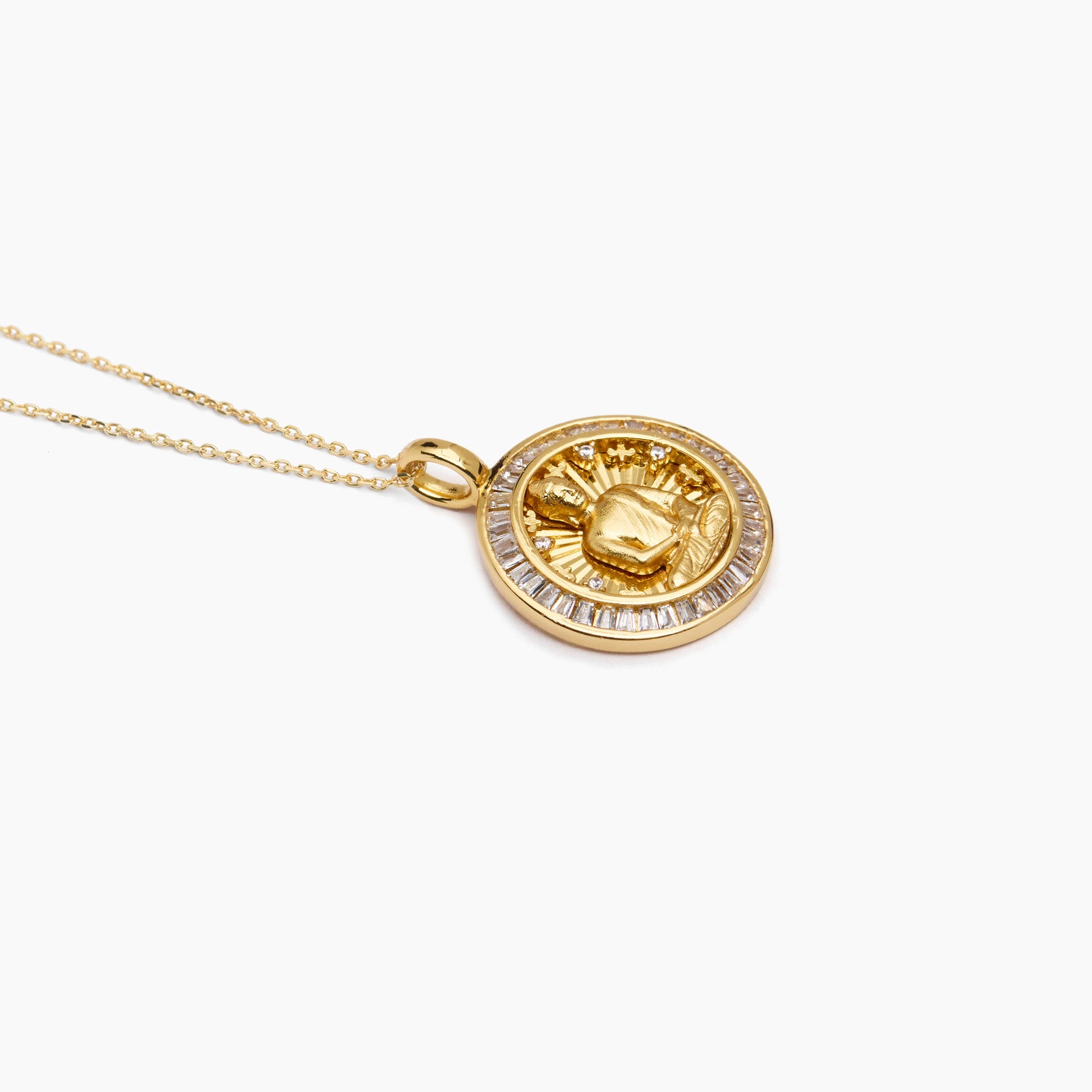 Gold-tone jeweled Buddha medallion pendant on trace chain necklace
