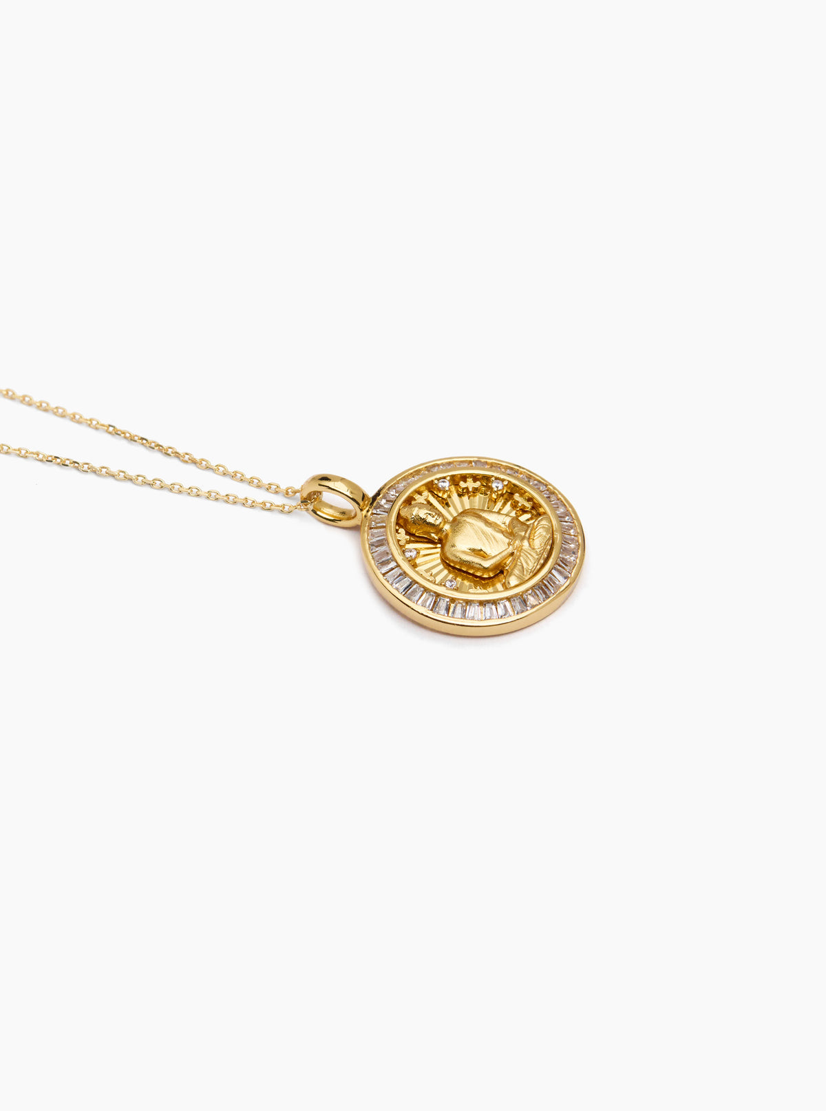 Gold-tone jeweled Buddha medallion pendant on trace chain necklace