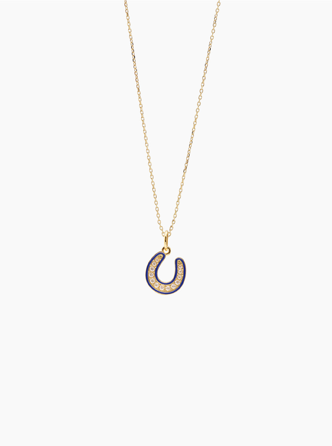 Gold horseshoe pendant necklace with blue jeweled details on trace chain