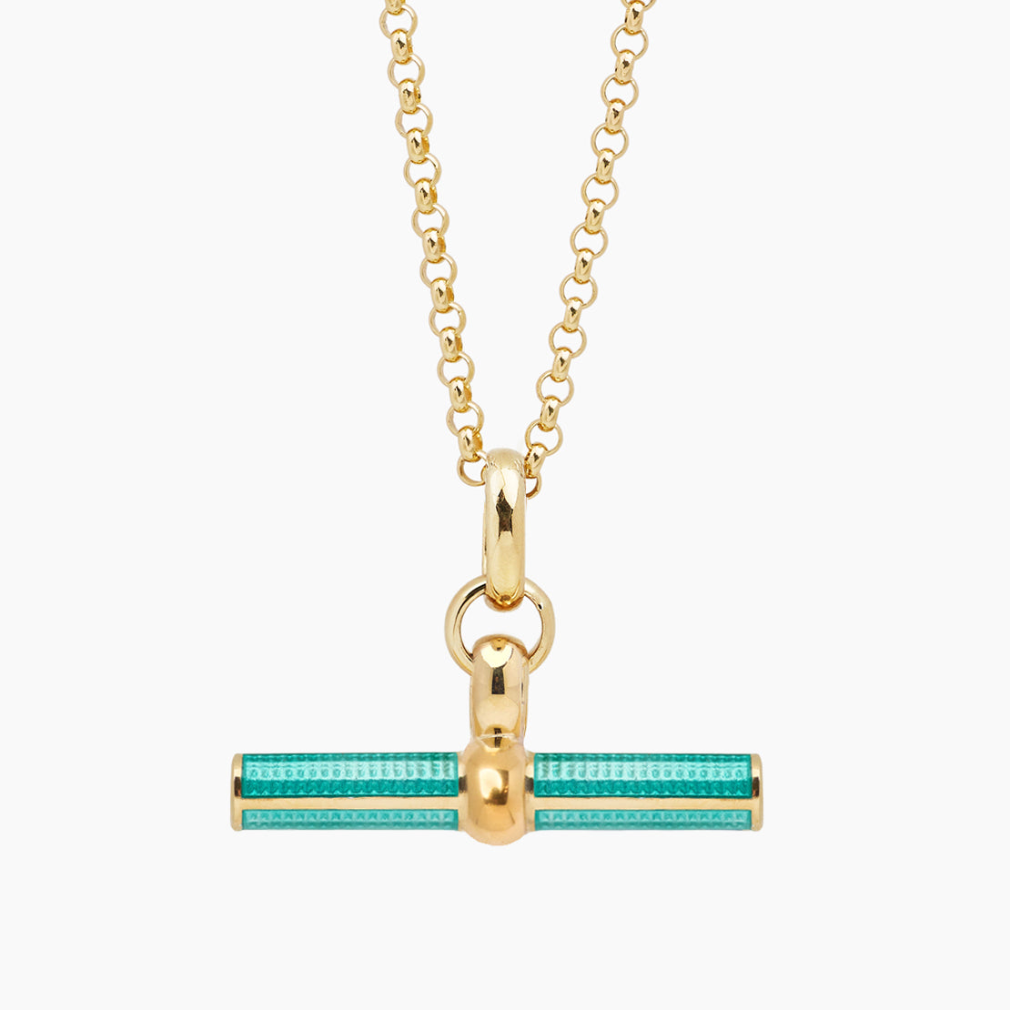 Gold T-bar necklace with chunky Belcher chain and turquoise enamel pendant