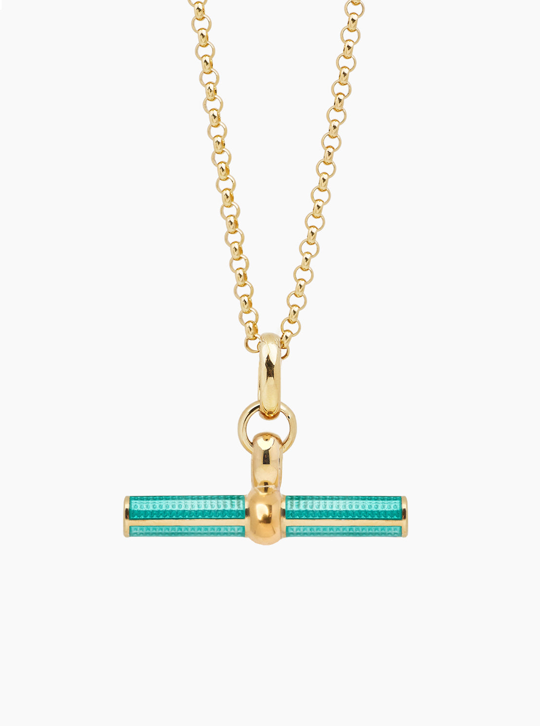 Gold T-bar necklace with chunky Belcher chain and turquoise enamel pendant