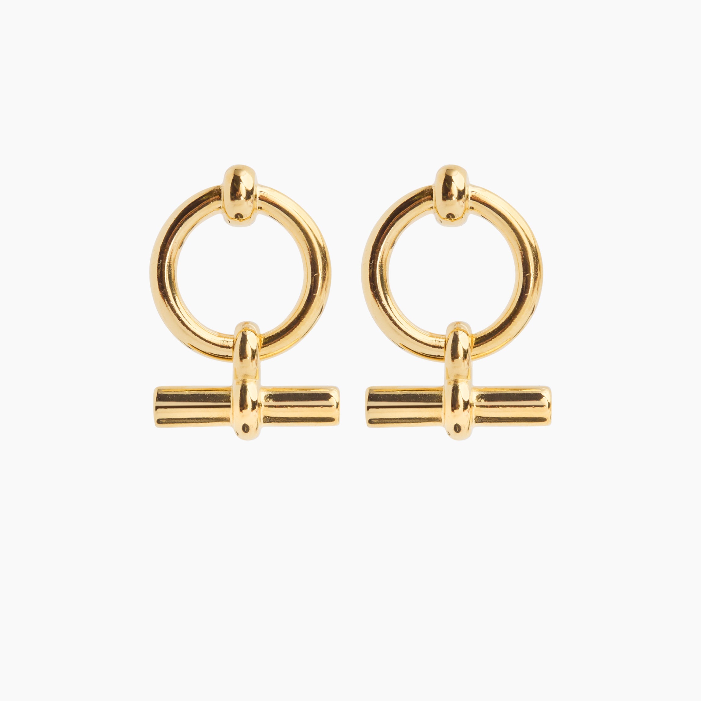 Gold T-bar eternity stud earrings with round hoops, pair view
