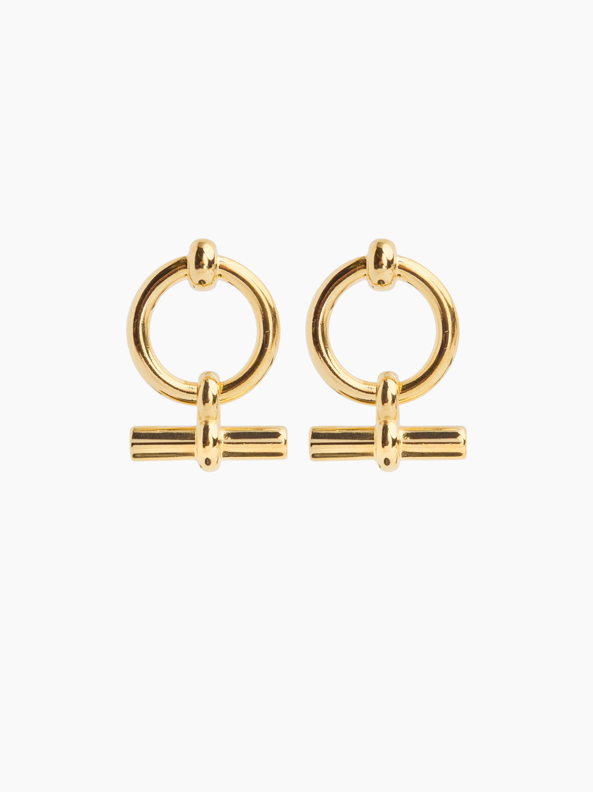Gold T-bar eternity stud earrings with round hoops, pair view