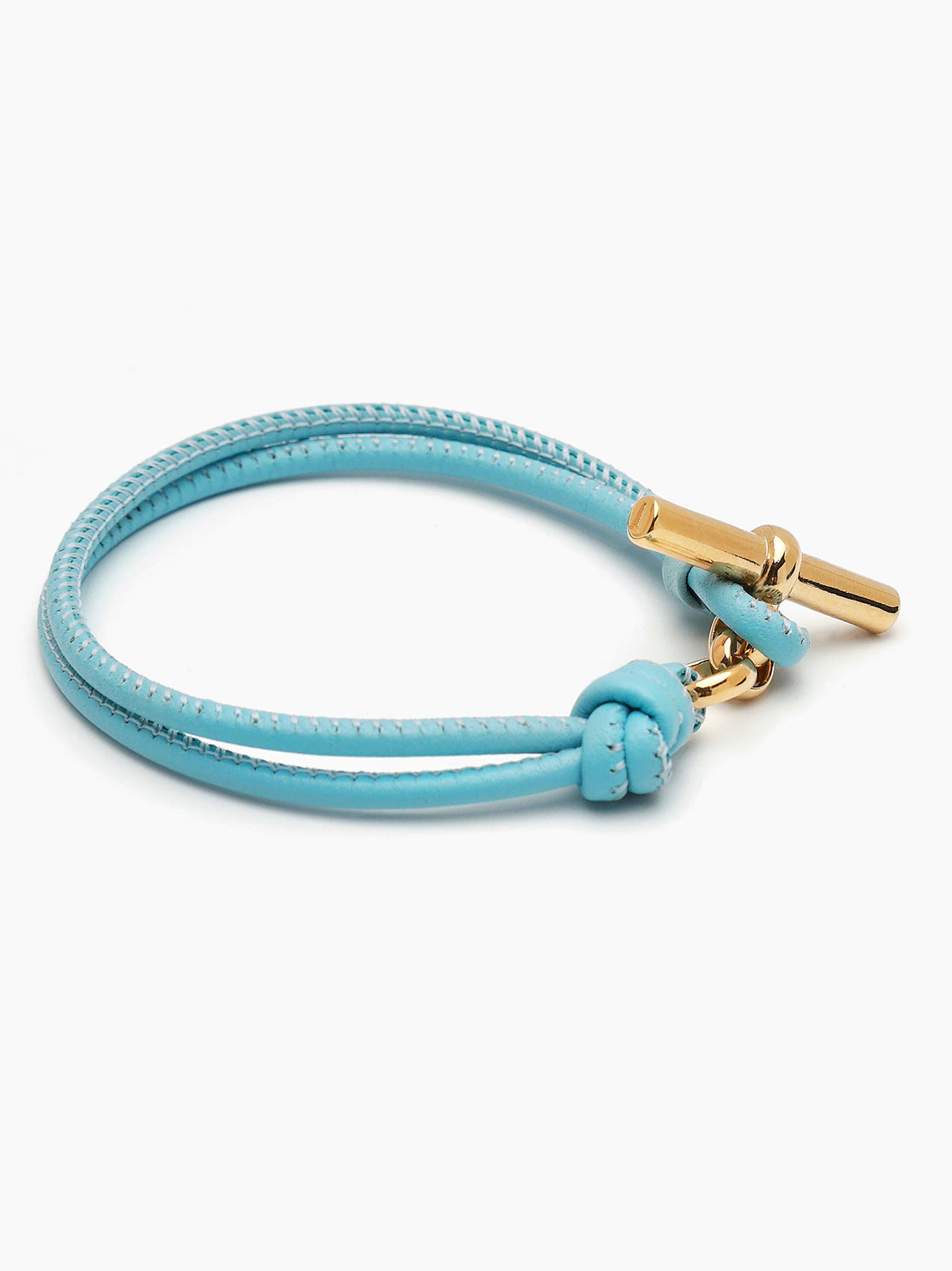 Pale blue leather T-bar bracelet with gold clasp
