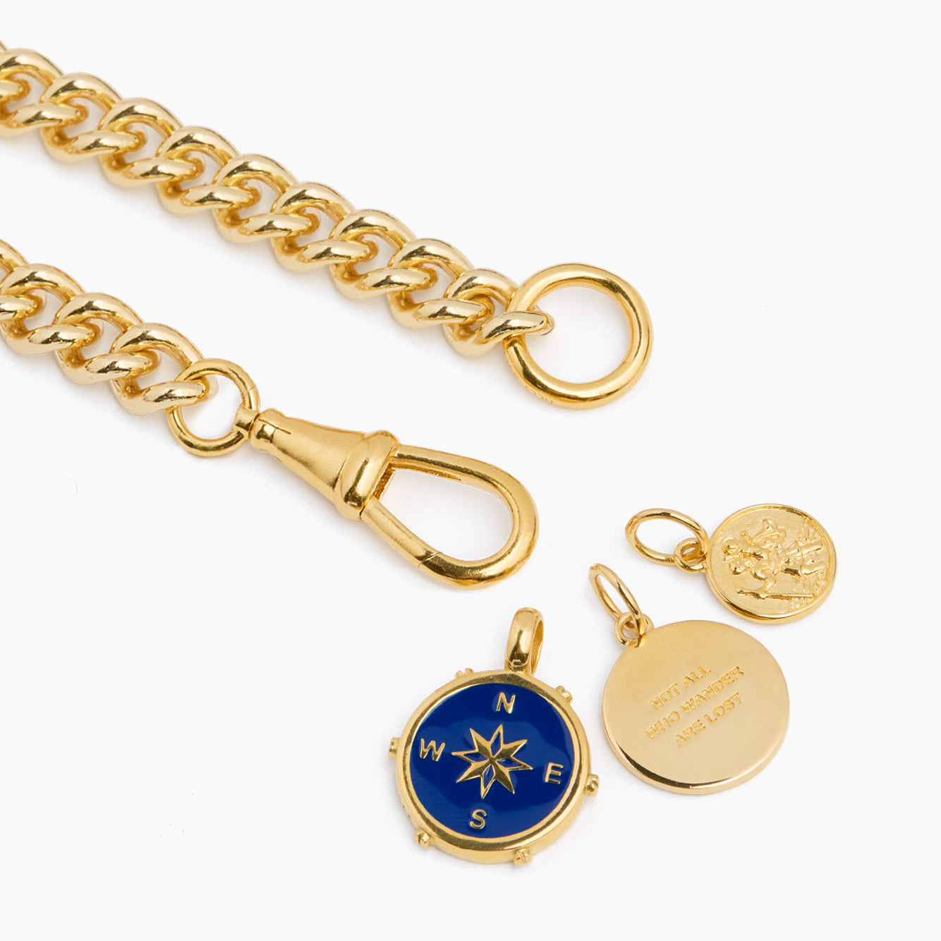 Gold chain bracelet with clasp and blue star round charm plus coin pendants