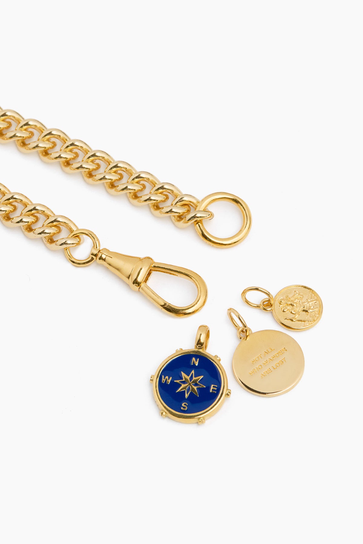 Gold chain bracelet with clasp and blue star round charm plus coin pendants