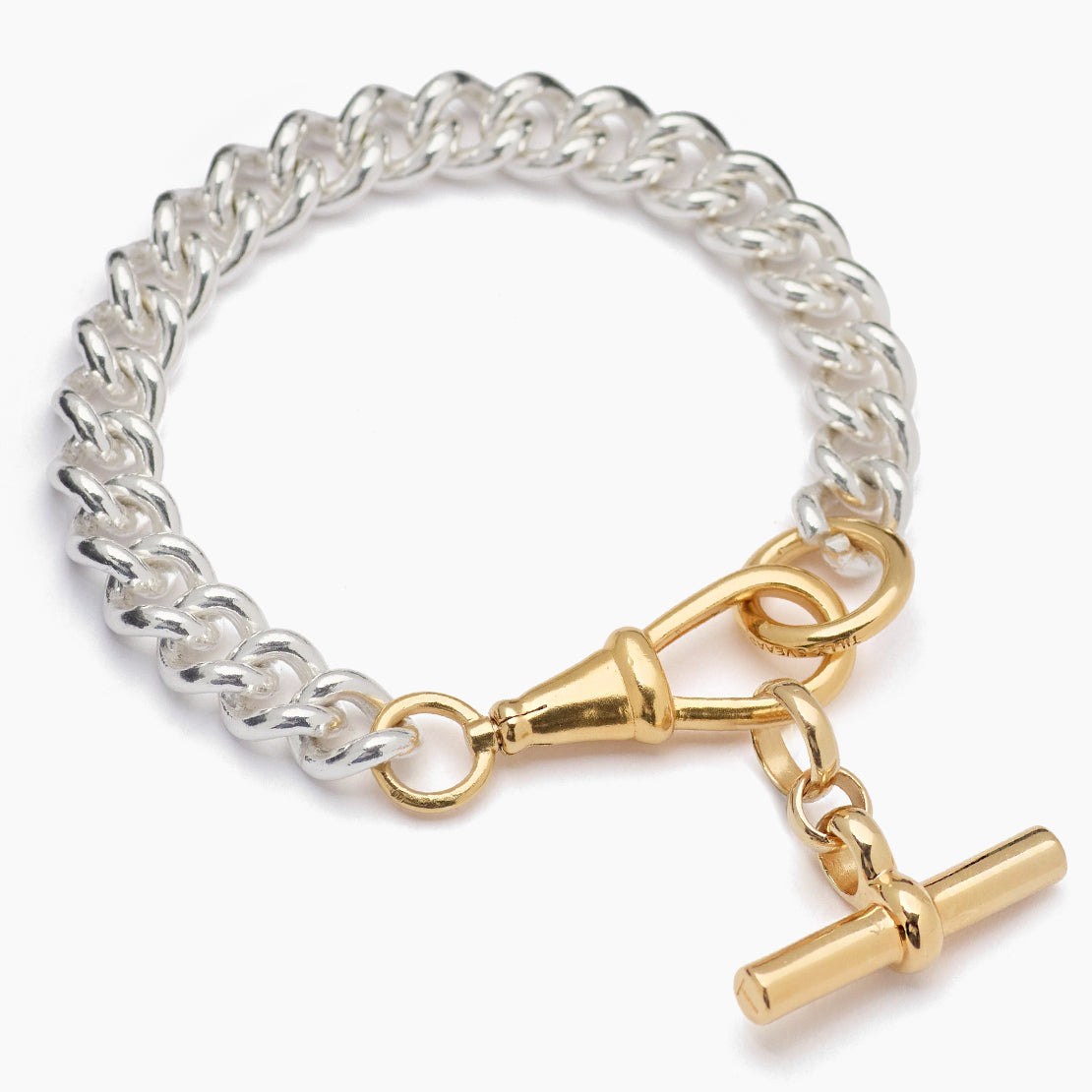 Large Silver and Gold Curb Clipt Bracelet with Gold T-bar