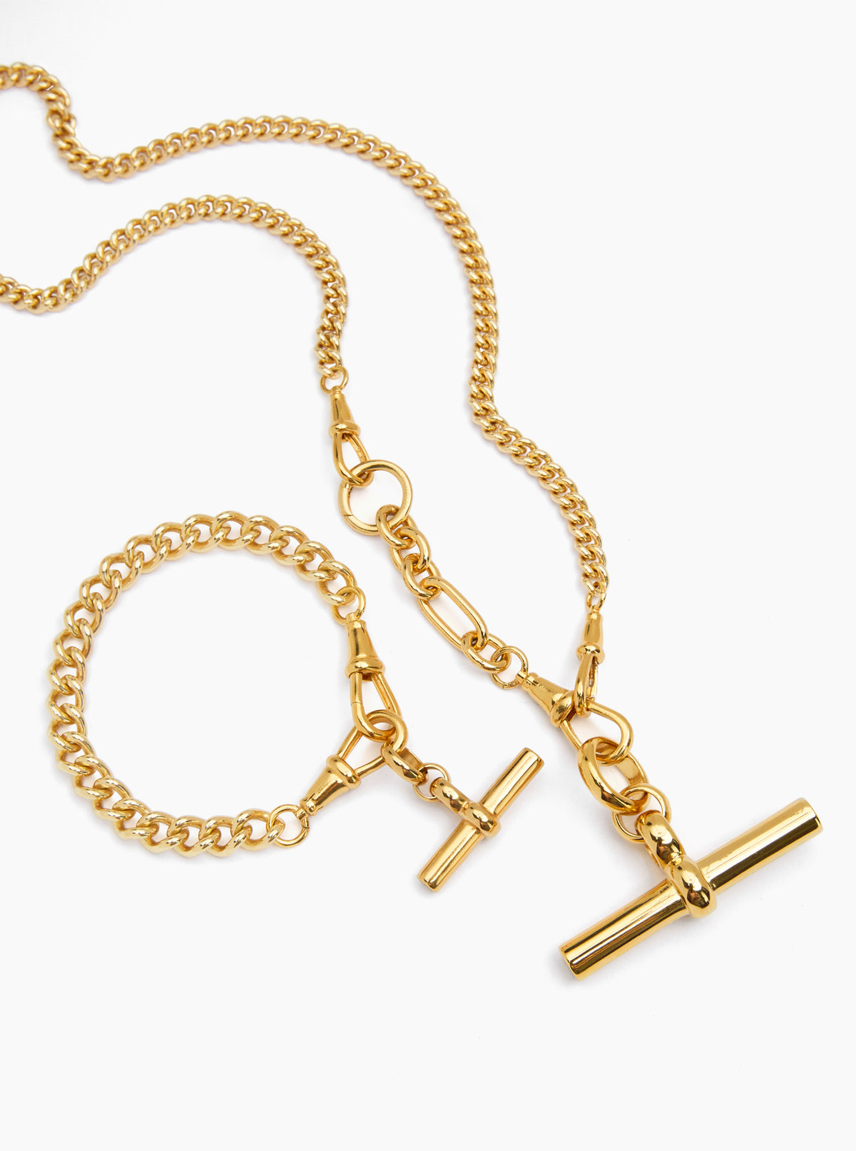 Gold-tone chain necklace and bracelet set with linked T-bar closures
