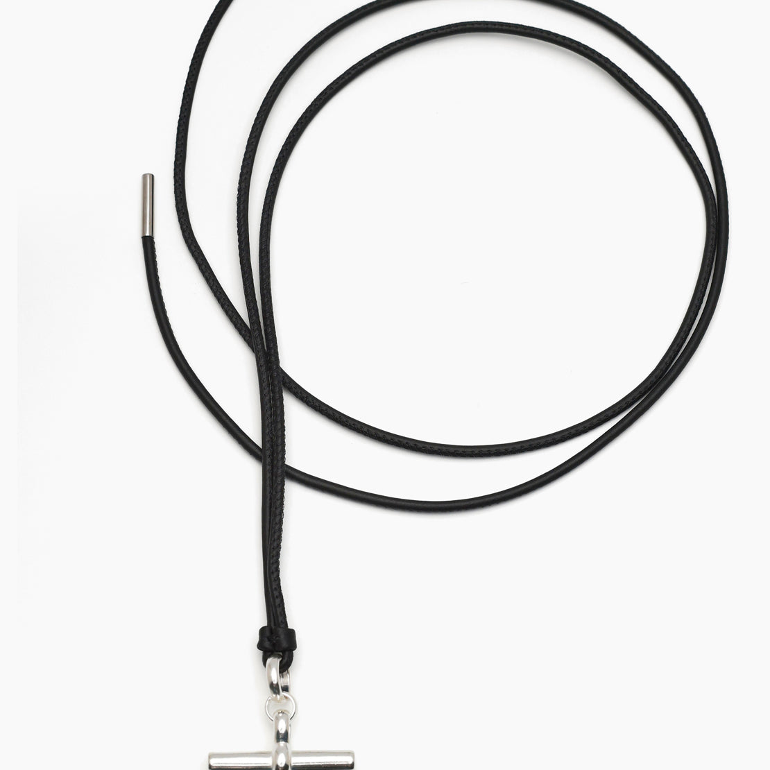 Medium Silver T-Bar on Noir Leather Necklace