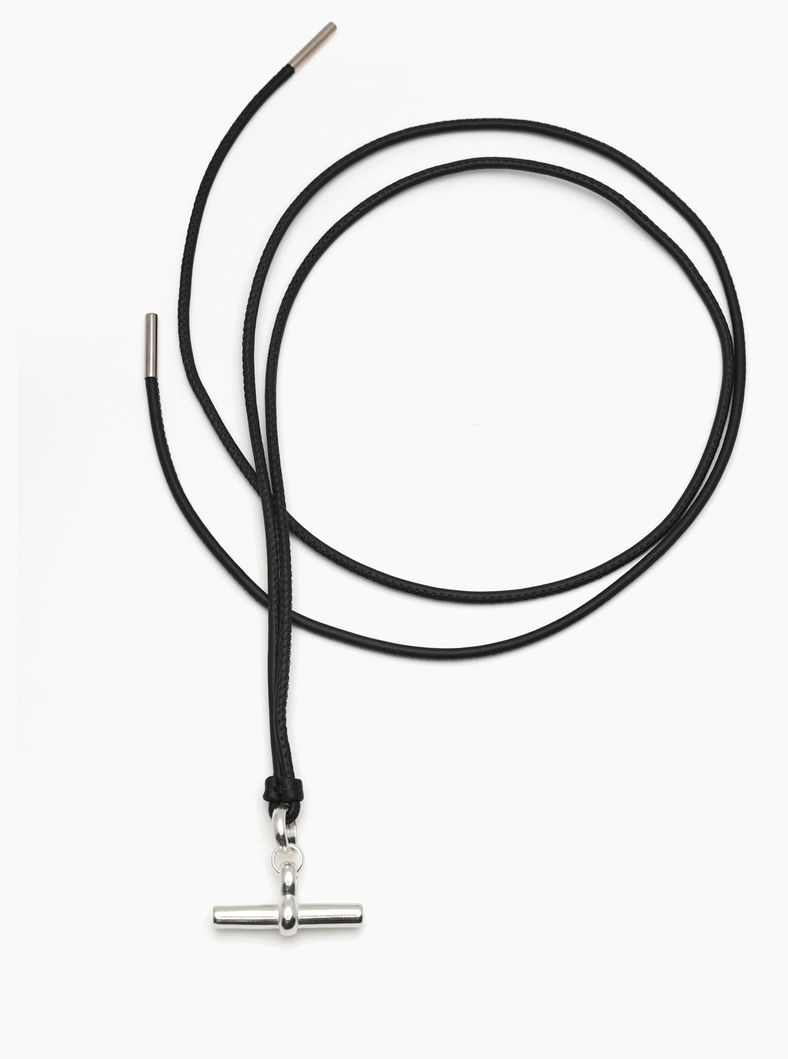 Medium Silver T-Bar on Noir Leather Necklace
