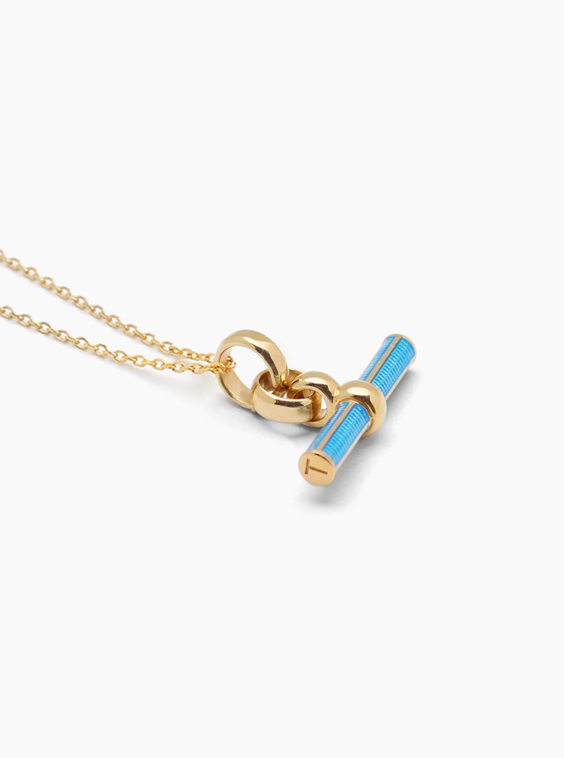 Aquamarine Enamelled Small Gold T-bar on Trace Chain