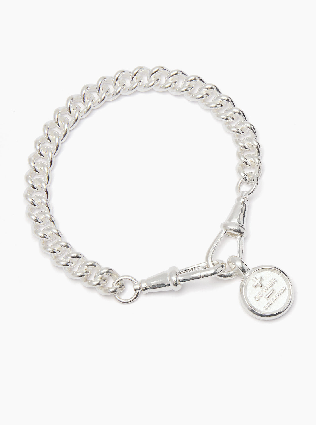 Small Silver Que Demain Disc on Medium Curb Clipt Bracelet