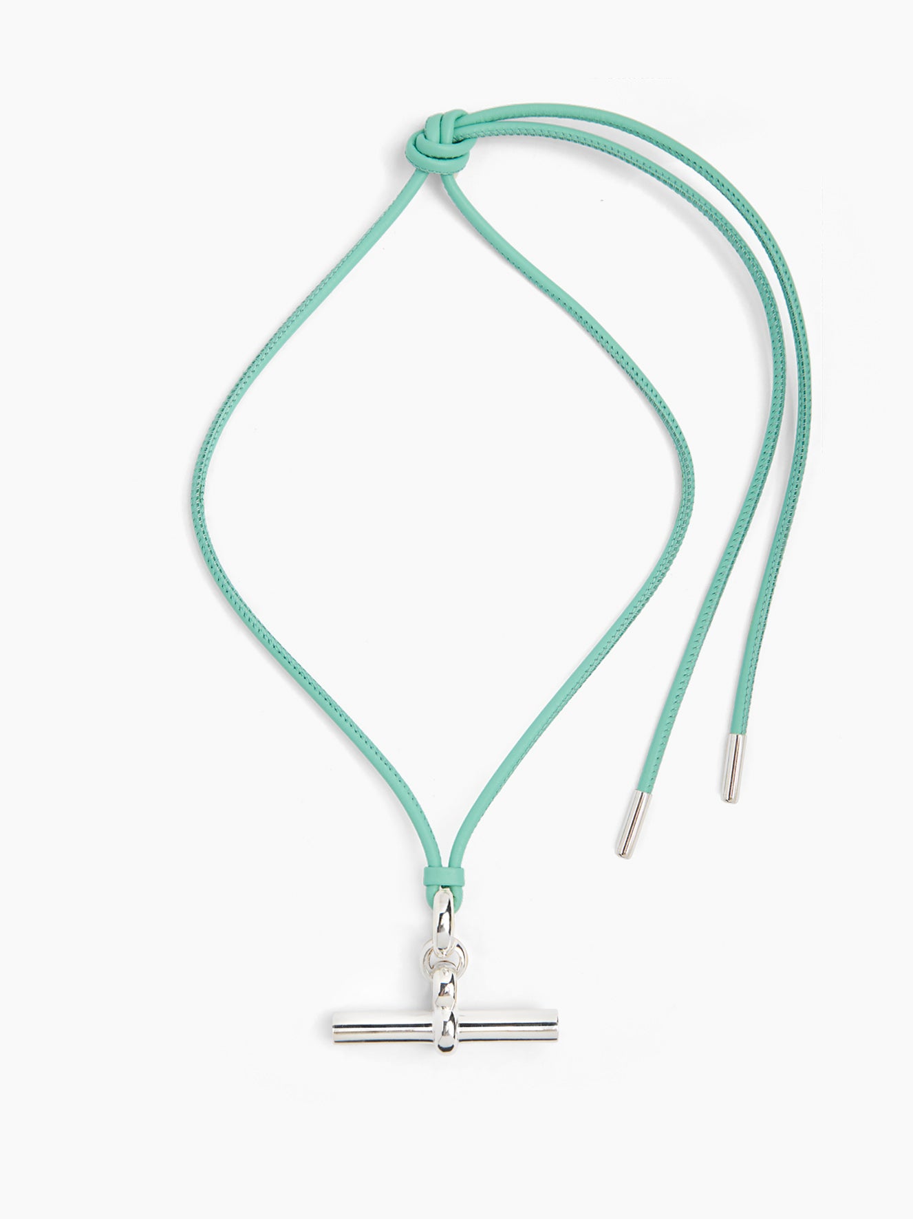 Aquamarine leather necklace with knotted cord loop and silver T-bar clasp