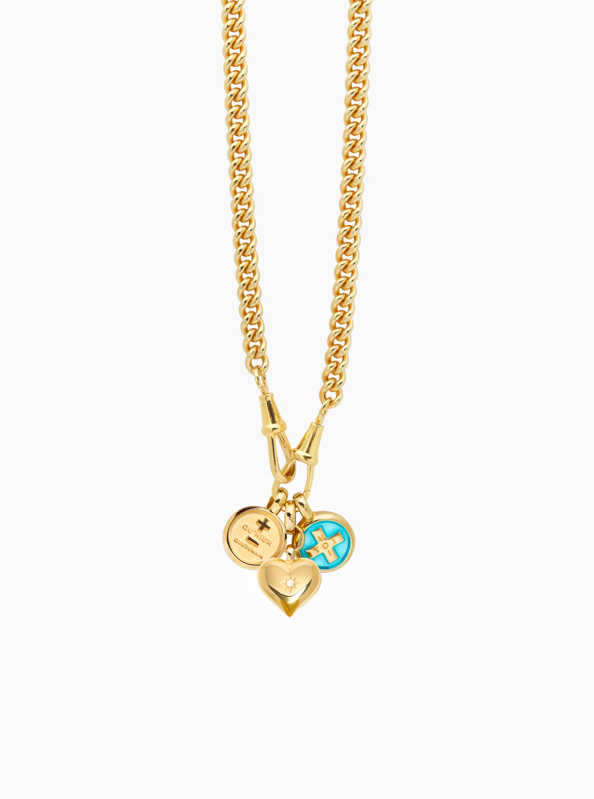 Gold pendant necklace with two chains, heart and round charms, blue accent