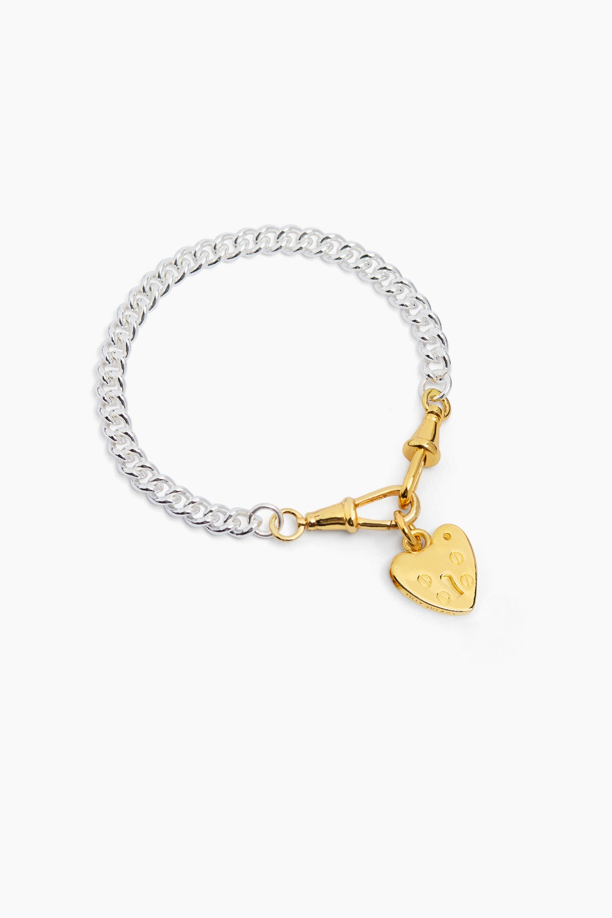Two-tone chain bracelet with gold heart padlock charm and clasp