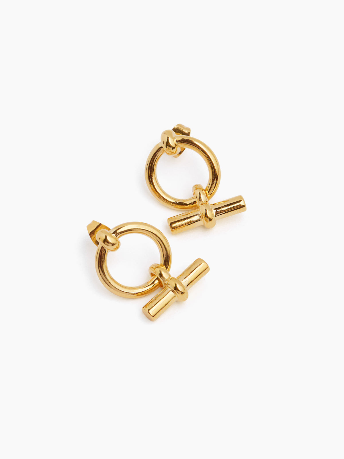 Gold circular hoop and T-bar eternity stud earrings, angled pair