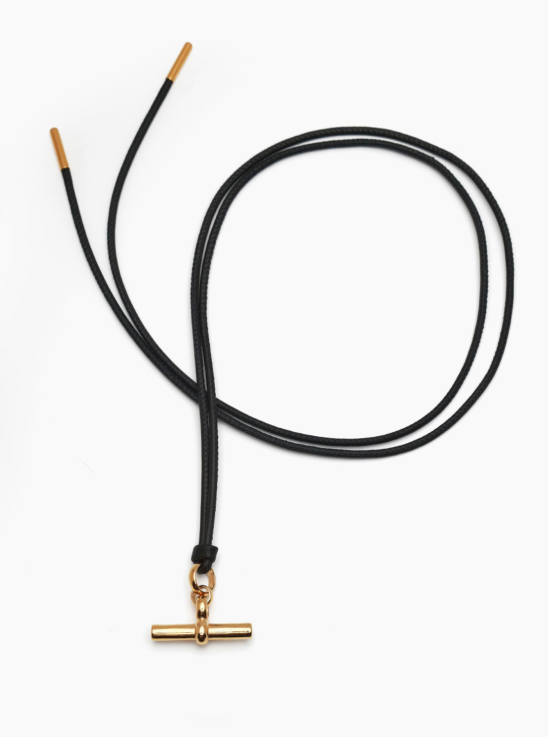 Medium Gold T-Bar on Noir Leather Necklace