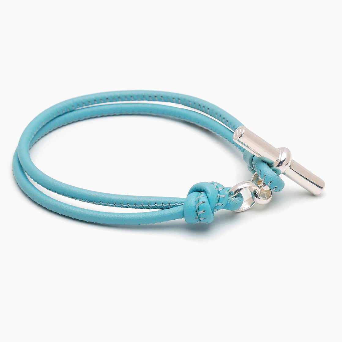 Silver T-Bar on Pale Blue Leather Bracelet