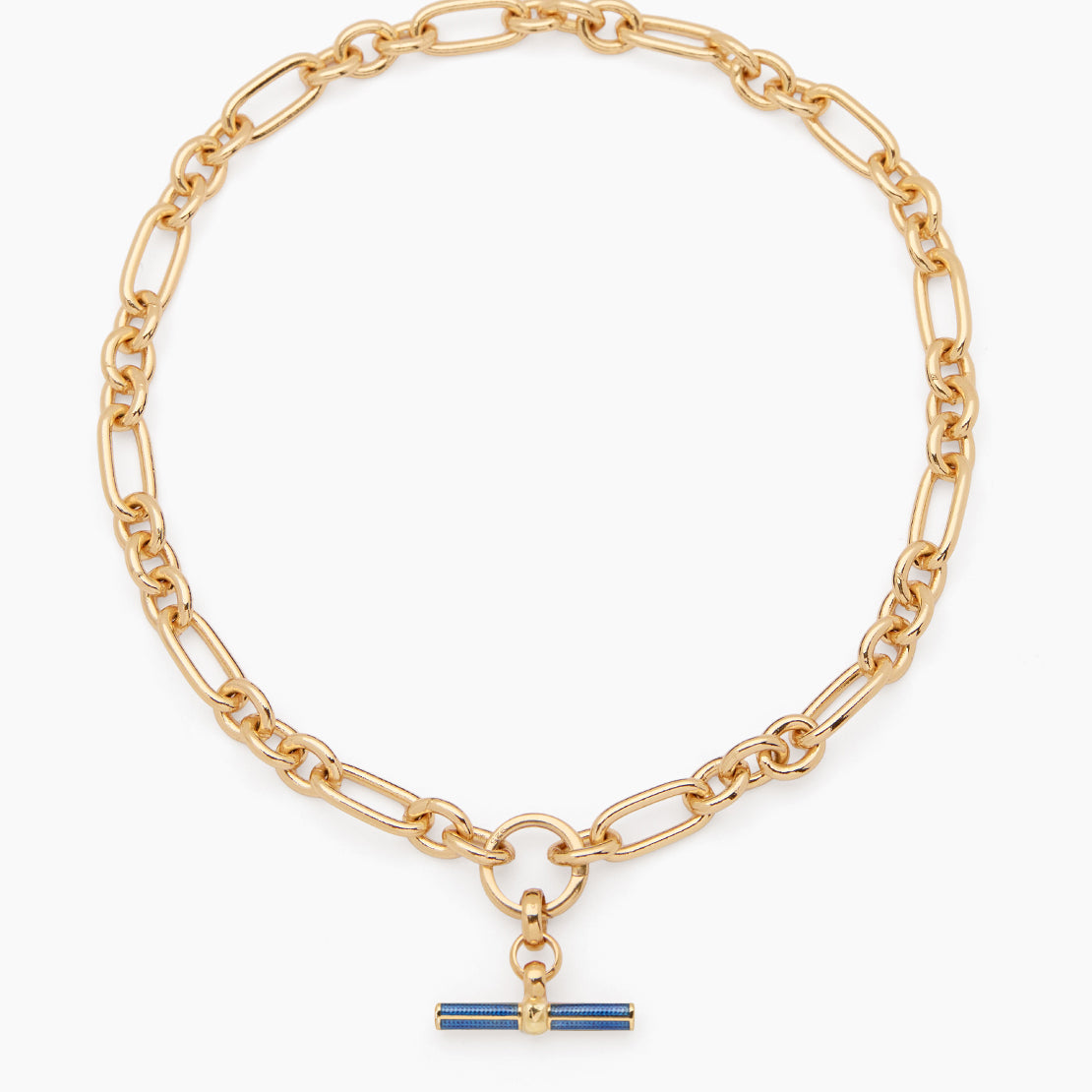 Navy Enamelled Small Gold T-bar on Clipt Watch Chain Necklace