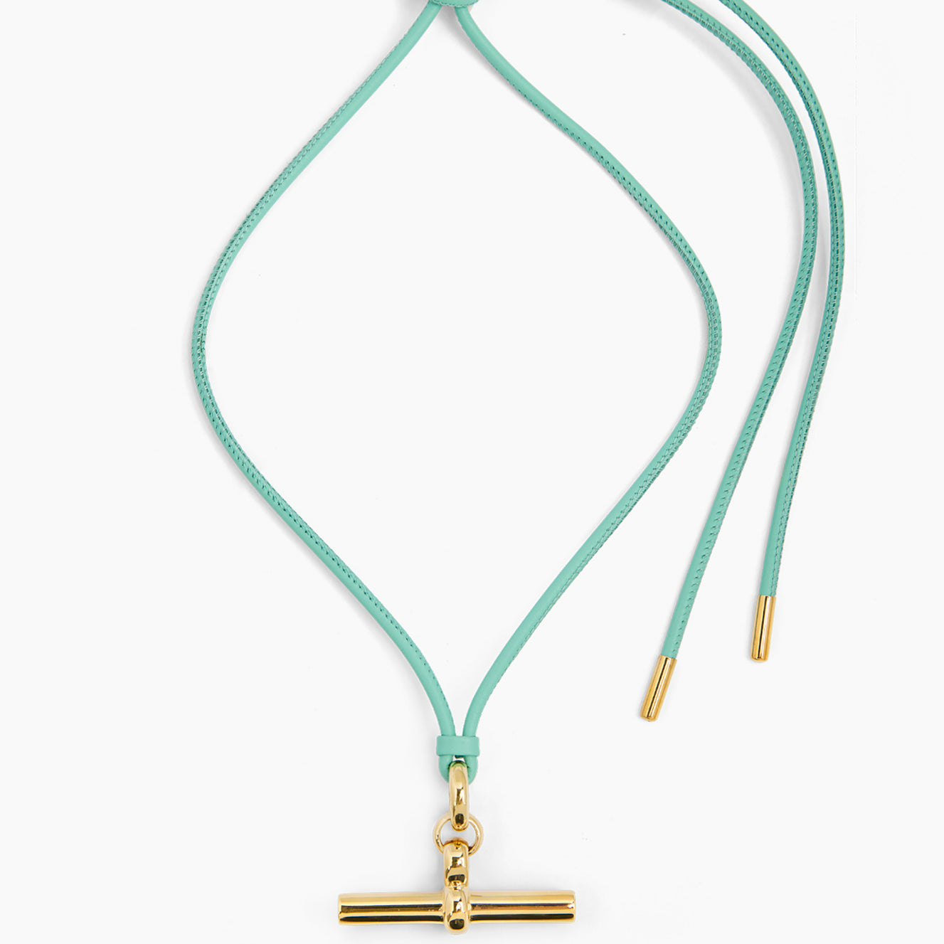 Giant Gold T-Bar on Aquamarine Leather Necklace